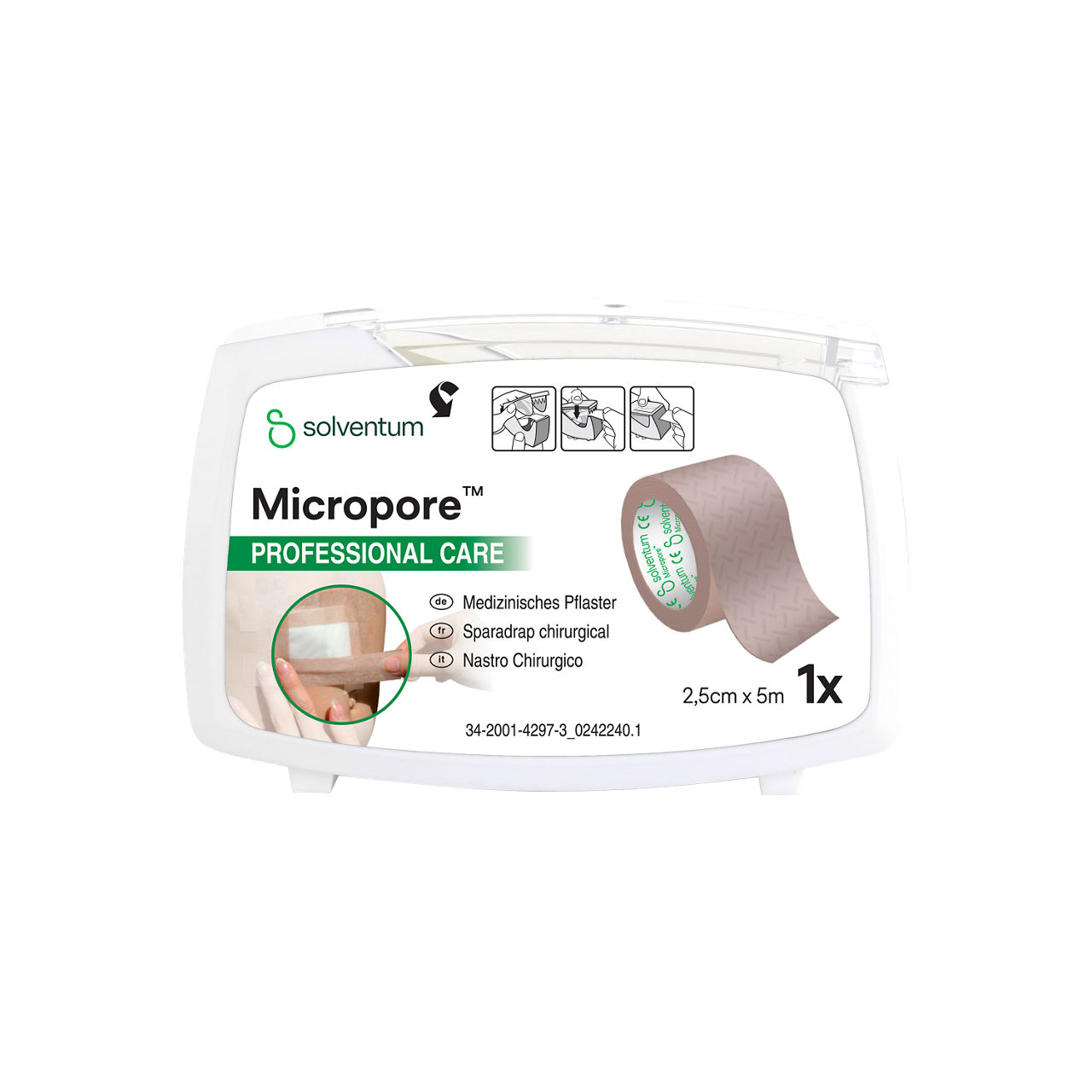 Solventum™ Micropore™ Tan Surgical Tape, 1533NP, 1 in x 5.5 yd (2.5 cm x 5 m), with Dispenser, 48/CS - Front, Center, In Packaging (1C1)