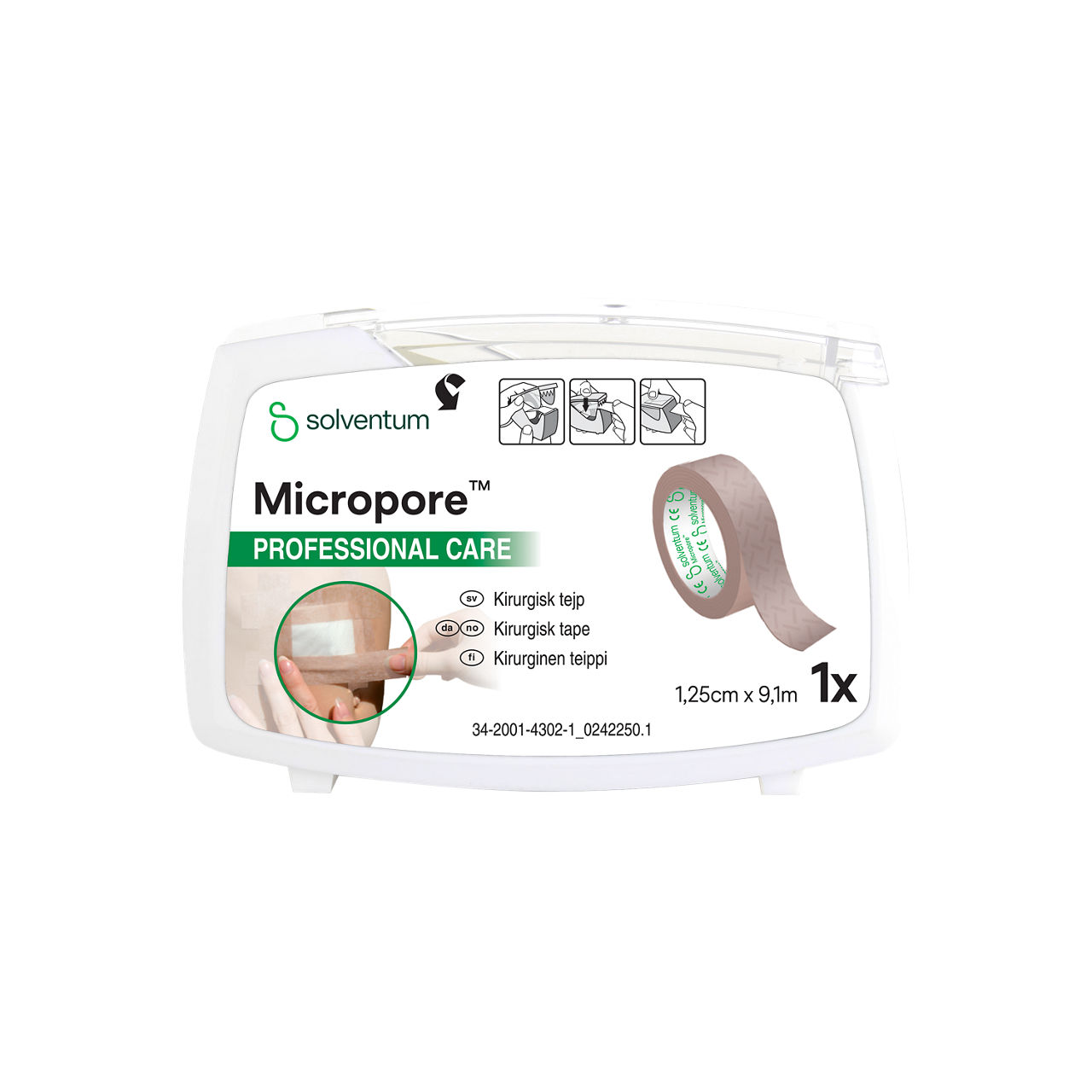 Solventum™ Micropore™ Tan Surgical Tape, 1533SP-0D, 0.5 in x 10 yd (1.25 cm x 9.1 m), with Dispenser, 6/PAC, 8 PAC/CS, 48/CS - Front, Center, In Packaging (1C1)