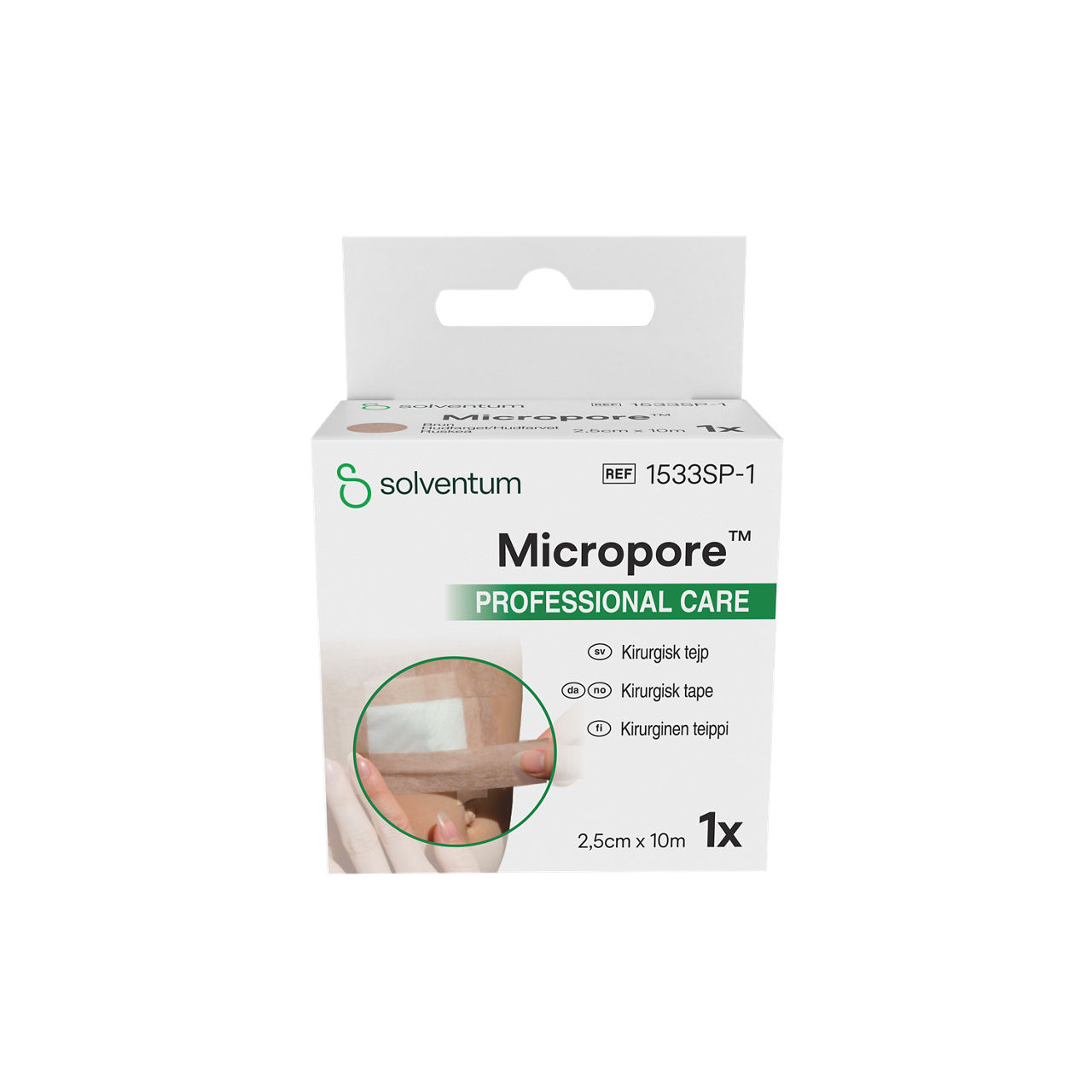 Solventum™ Micropore™ Tan Surgical Tape, 1533SP-1, 1 in x 10.936 yd (2.5 cm x 10 m) - Front, Center, In Packaging (1C1)