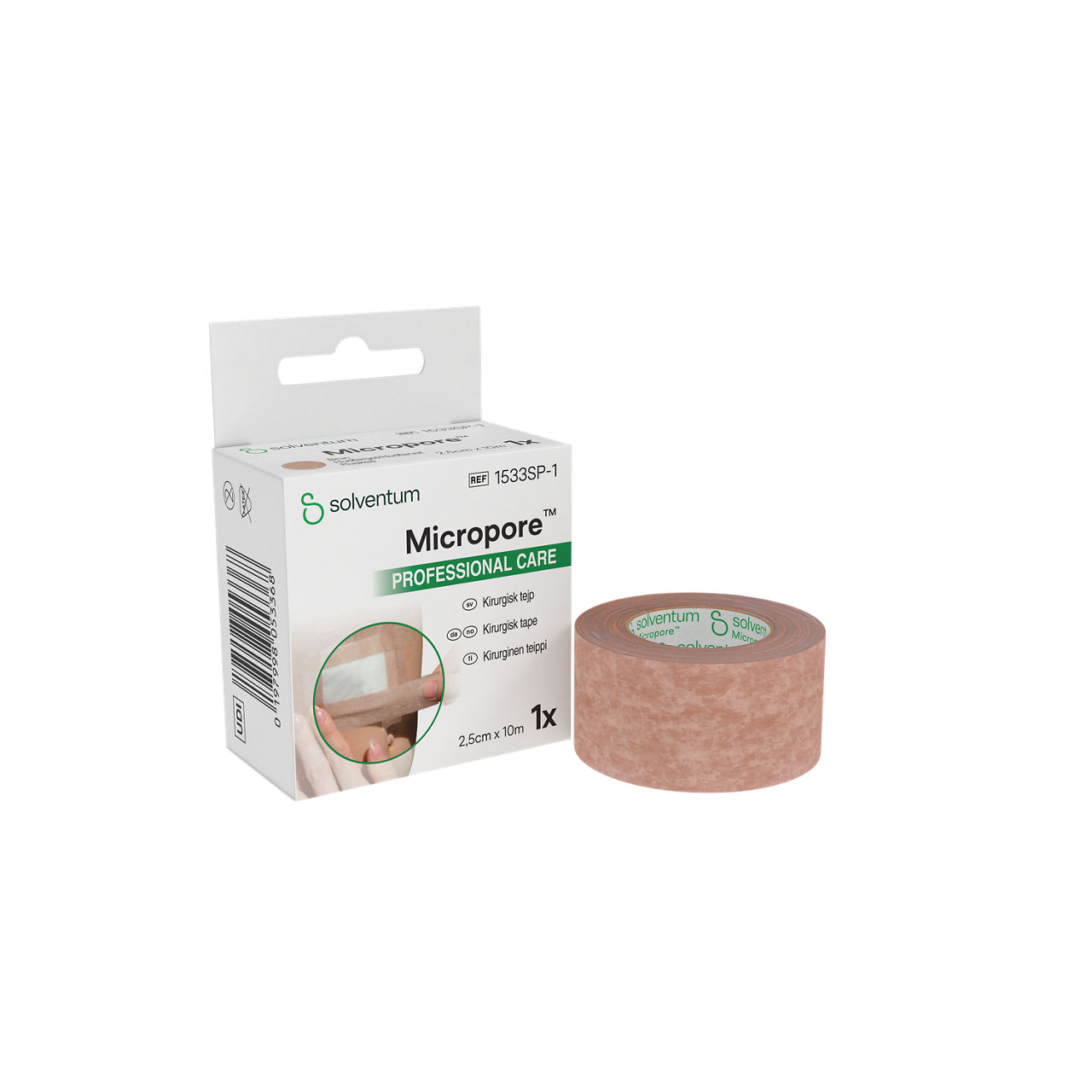 Solventum™ Micropore™ Tan Surgical Tape, 1533SP-1, 1 in x 10.936 yd (2.5 cm x 10 m) - Front, Left, In and Out of Packaging (1L10)