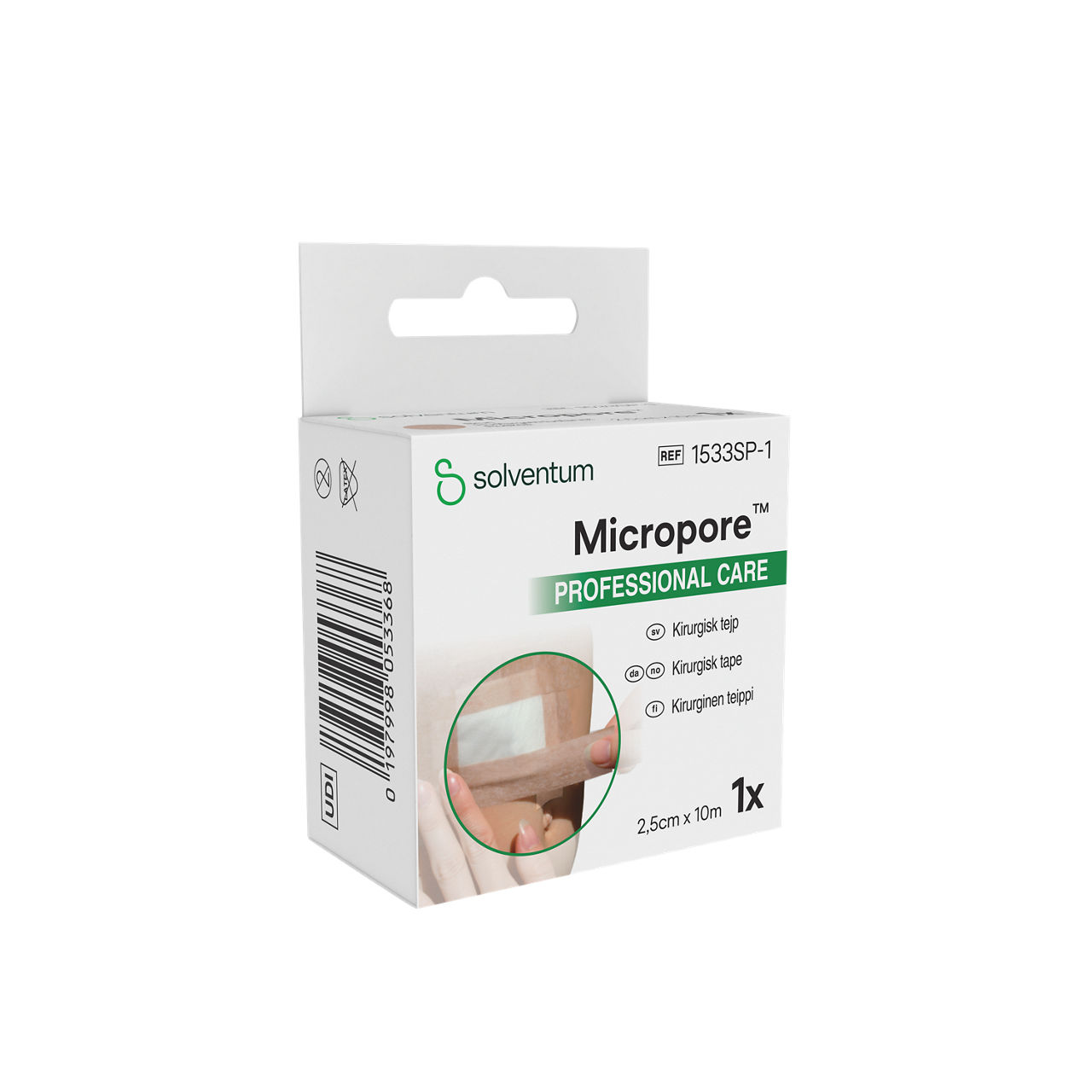 Solventum™ Micropore™ Tan Surgical Tape, 1533SP-1, 1 in x 10.936 yd (2.5 cm x 10 m) - Front, Left, In Packaging (1L1)