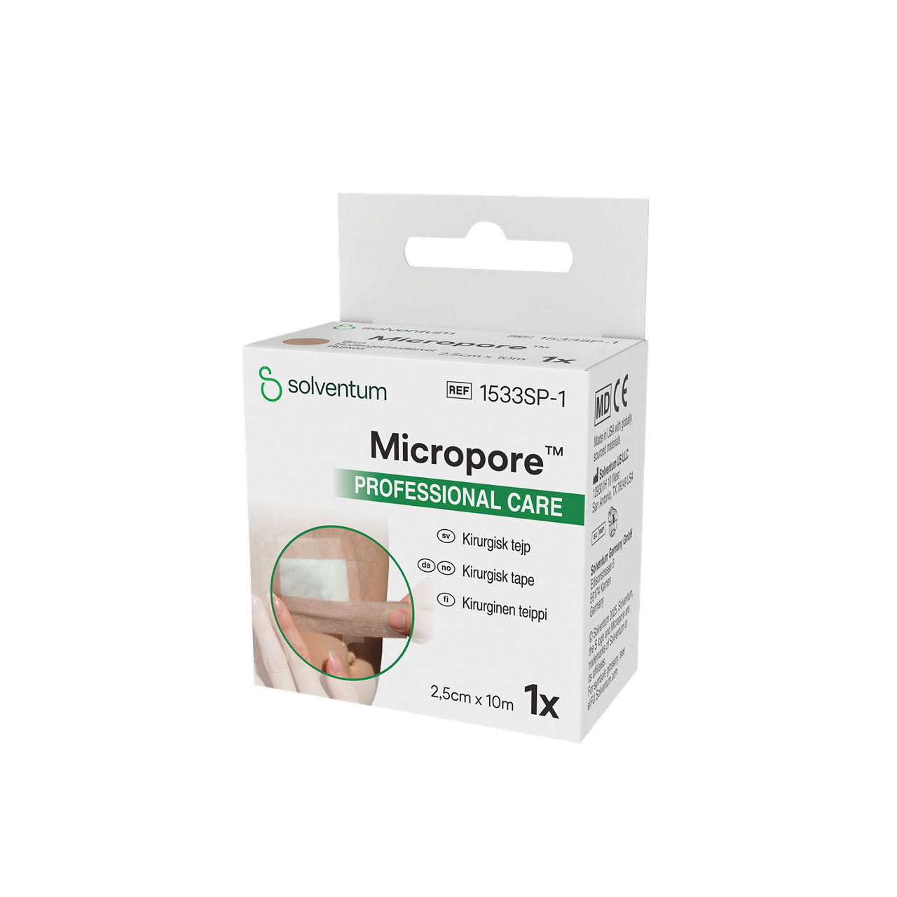 Solventum™ Micropore™ Tan Surgical Tape, 1533SP-1, 1 in x 10.936 yd (2.5 cm x 10 m) - Front, Right, In Packaging (1R1)
