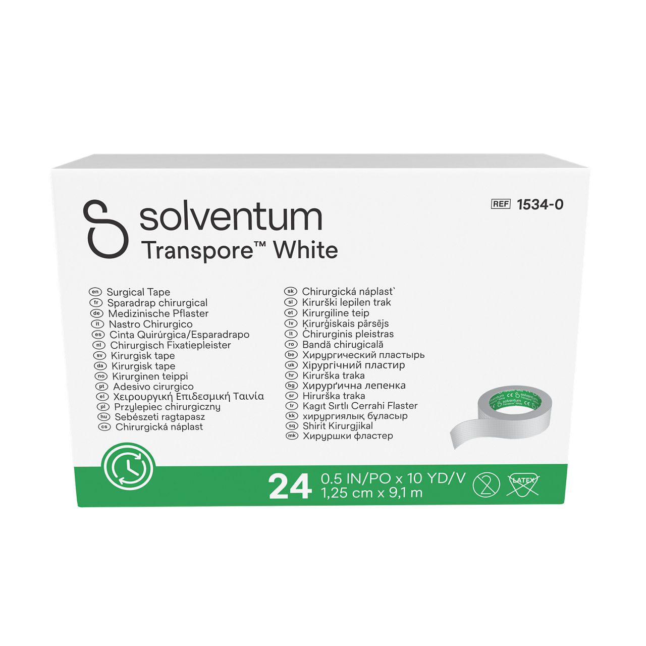 Solventum™ Transpore™ White Surgical Tape, 1534-0, 0.5 in x 10 yd (1.25cm x 9.1 m), 24/CAR, 10 CAR/CS, 240/CS- Front, Center, In Packaging (1C1)