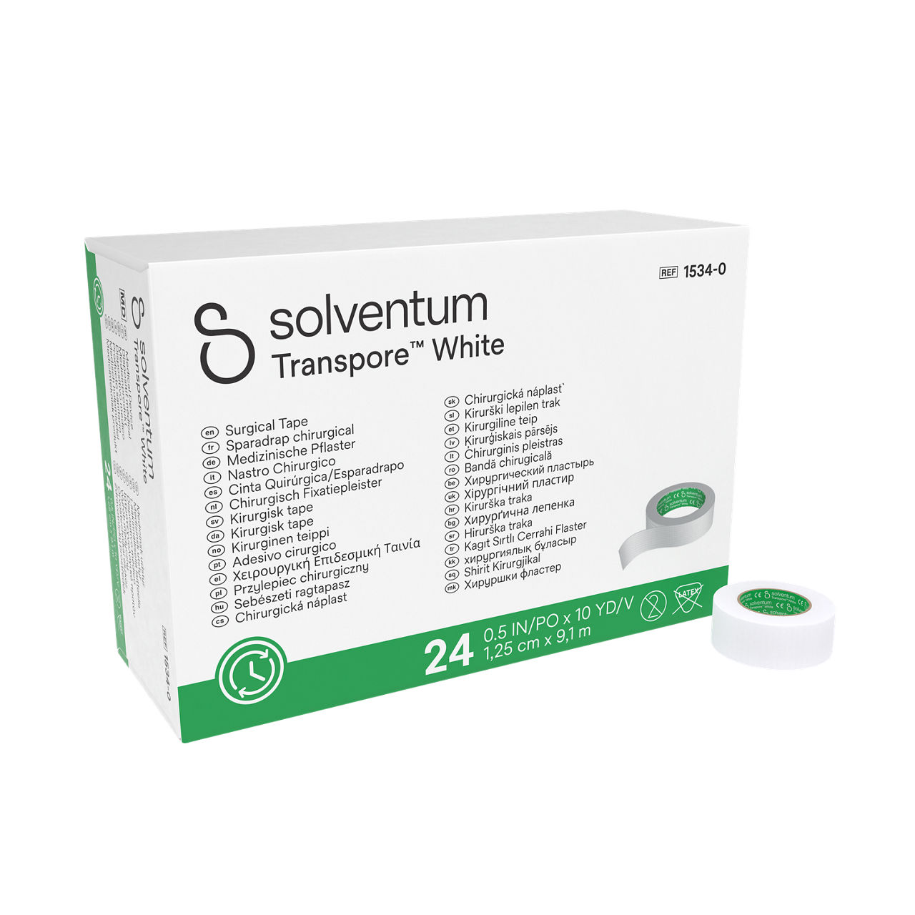 Solventum™ Transpore™ White Surgical Tape, 1534-0, 0.5 in x 10 yd (1.25 cm x 9.1 m), 24/CAR, 10 CAR/CS, 240/CS - Front, Left, In and Out of Packaging (1L10)