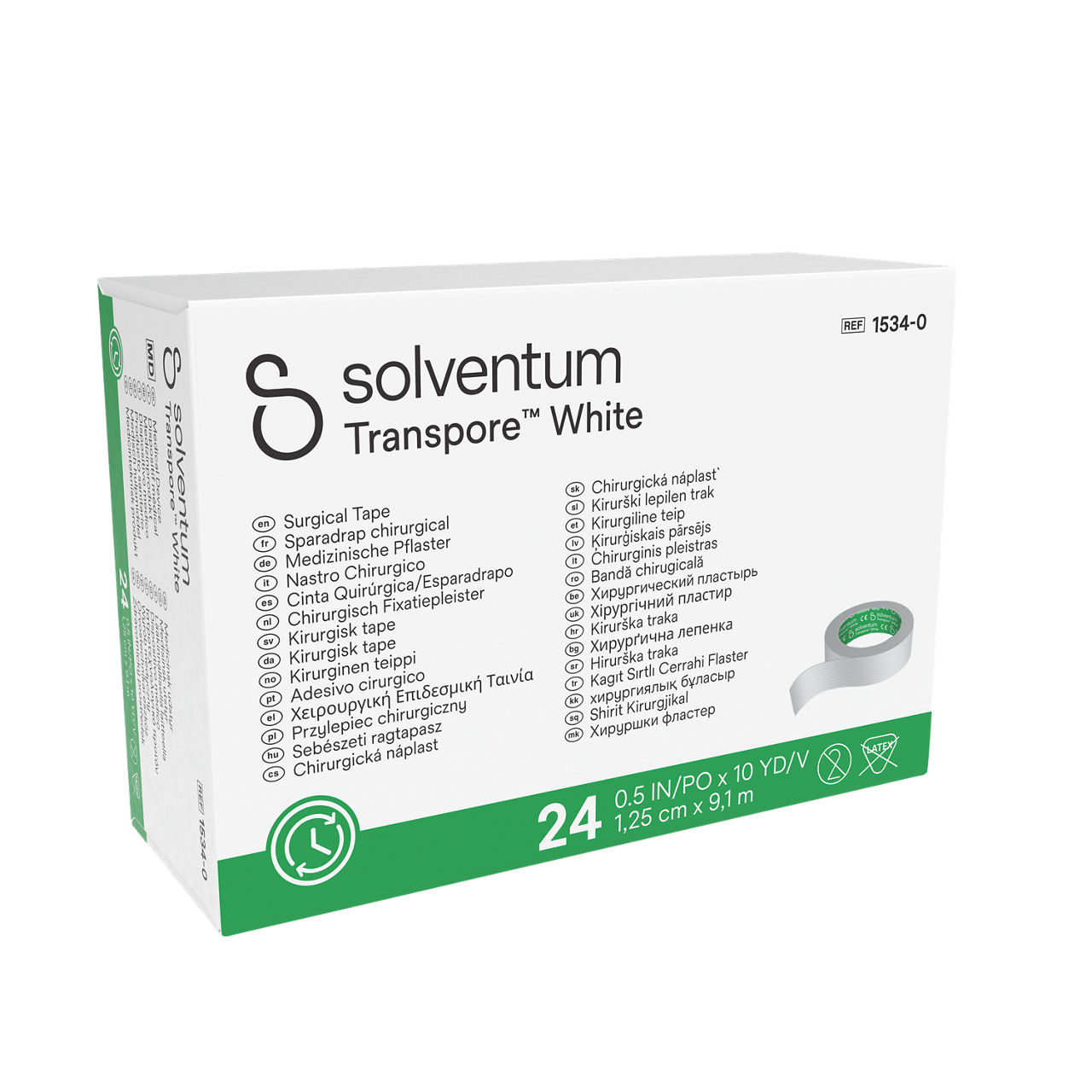 Solventum™ Transpore™ White Surgical Tape, 1534-0, 1,25 cm x 9,1 m (0.5 IN/PO x 10 YD/V), 24/CAR