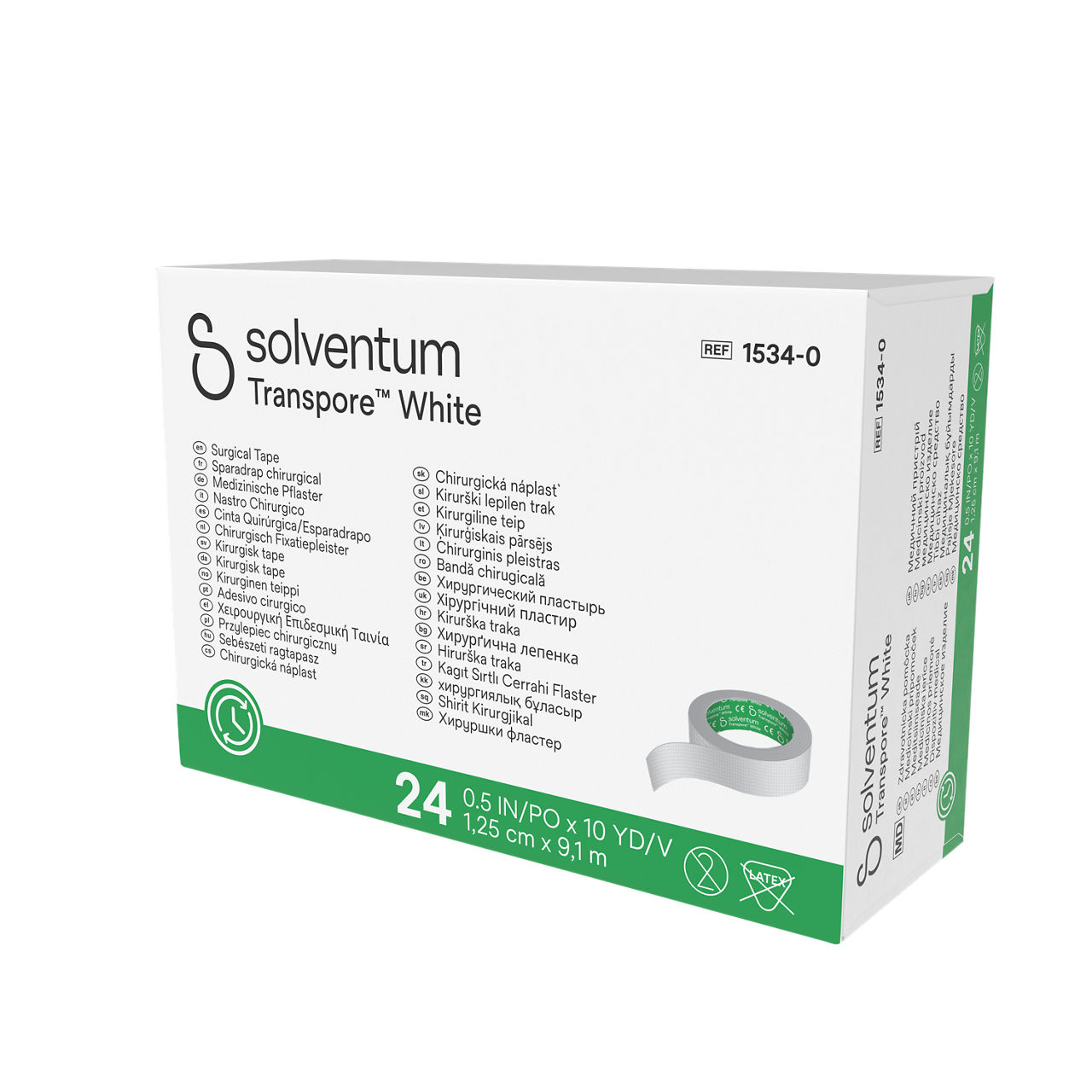 Solventum™ Transpore™ White Surgical Tape, 1534-0, 0.5 in x 10 yd (1.25 cm x 9.1 m), 24/CAR, 10 CAR/CS, 240/CS - Front, Right, In Packaging (1R1)