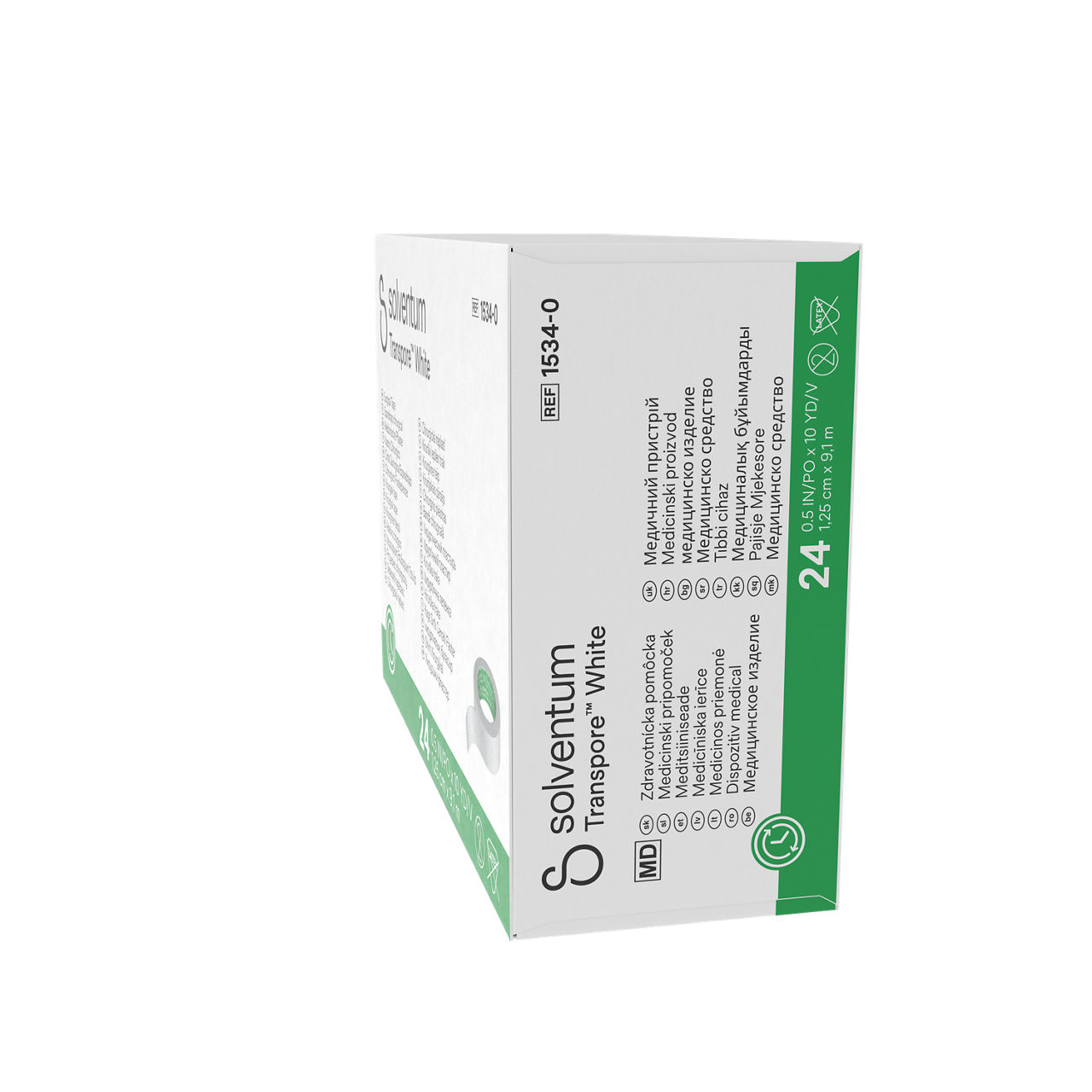 Solventum™ Transpore™ White Surgical Tape, 1534-0, 0.5 in x 10 yd (1.25 cm x 9.1 m), 24/CAR, 10 CAR/CS, 240/CS - Left, Center, In Packaging (2C1)