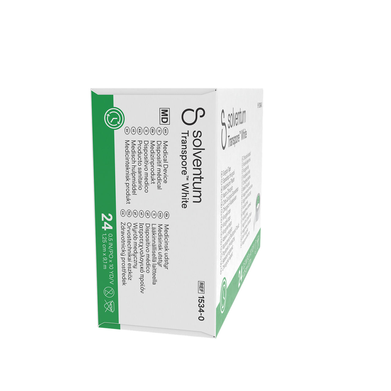 Solventum™ Transpore™ White Surgical Tape, 1534-0, 0.5 in x 10 yd (1.25 cm x 9.1 m), 24/CAR, 10 CAR/CS, 240/CS - Right, Center, In Packaging (8C1)