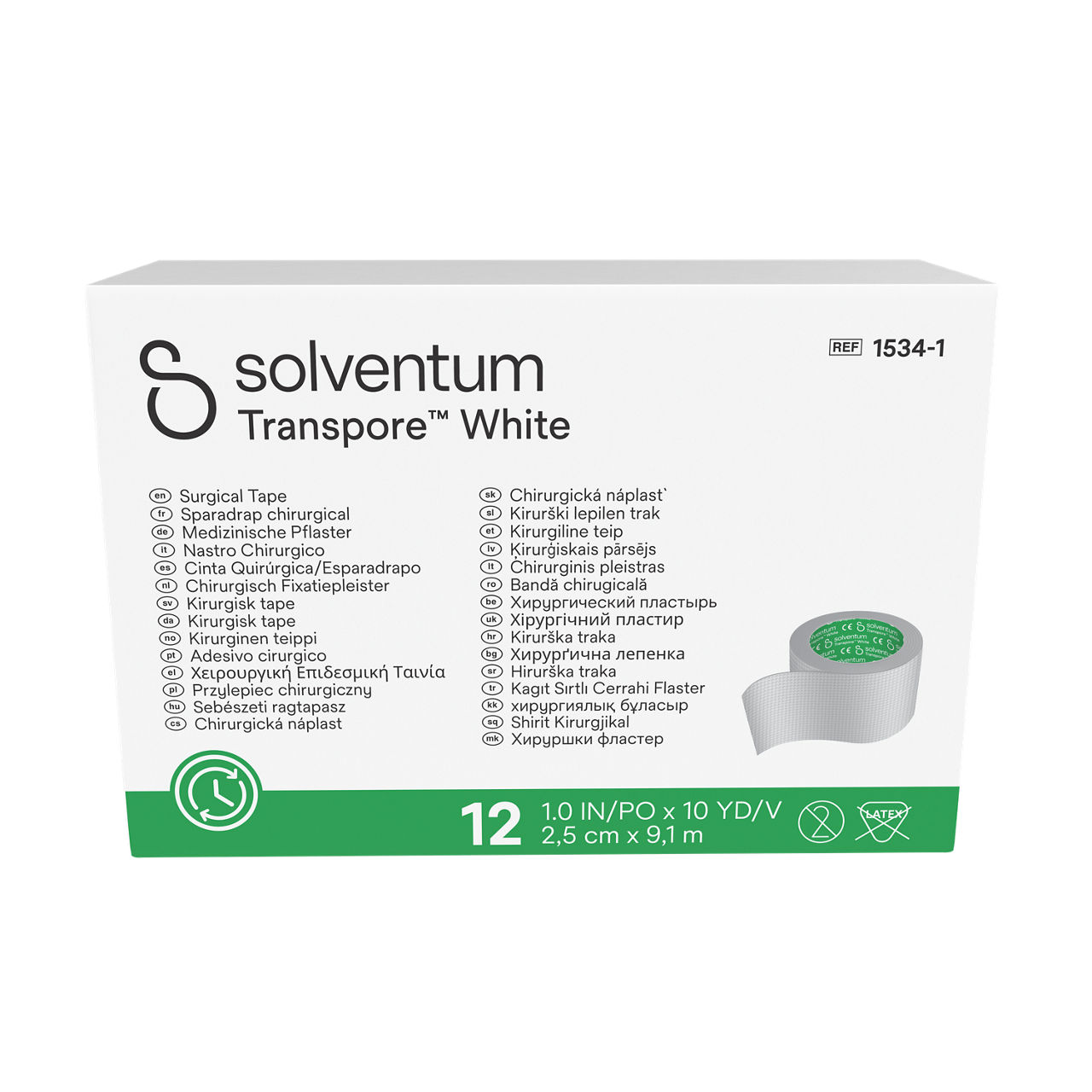Solventum™ Transpore™ White Surgical Tape, 1534-1, 1 in x 10 yd (2.5 cm x 9.1 m), 12/CAR, 10 CAR/CS, 120/CS - Front, Center, In Packaging (1C1)