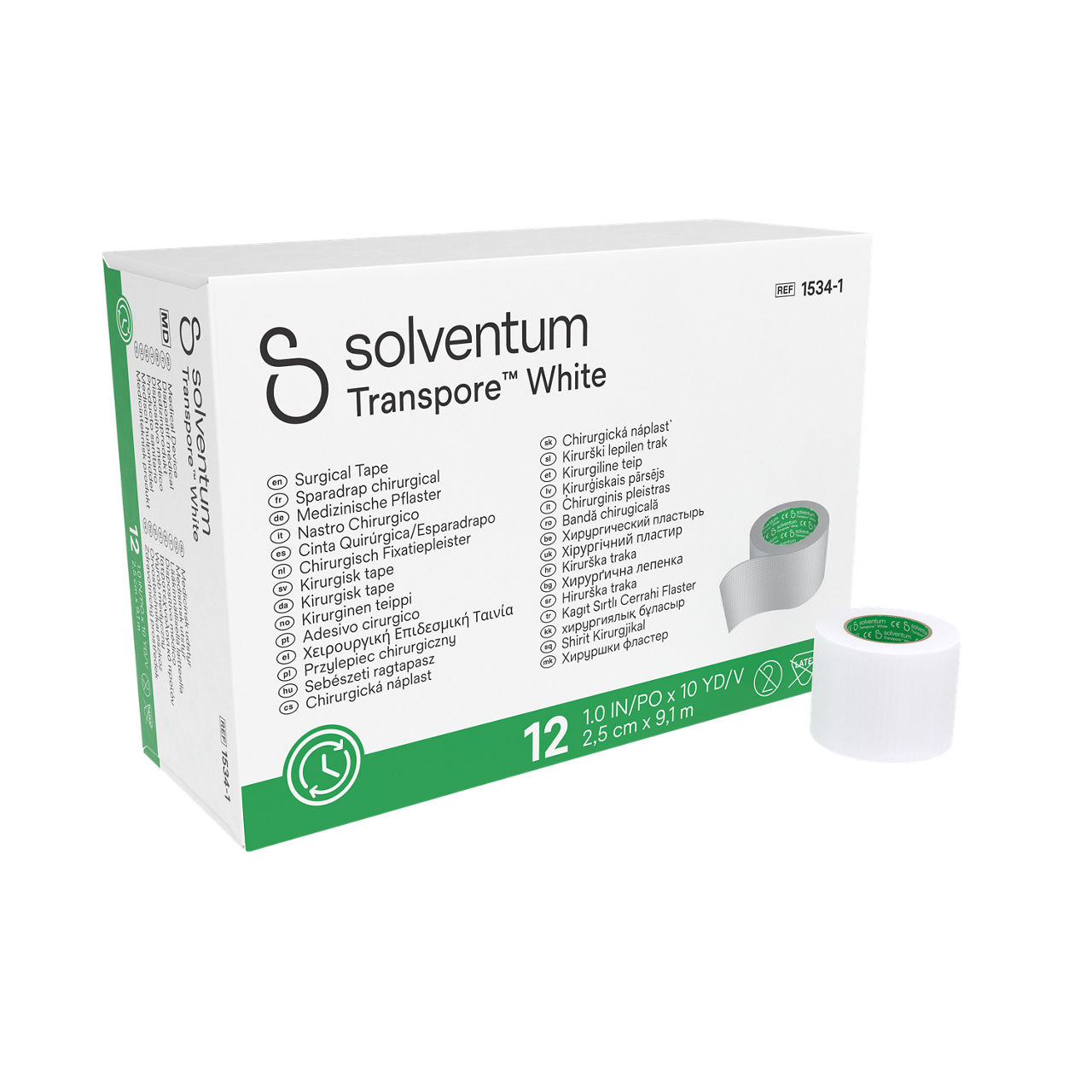 Solventum™ Transpore™ White Surgical Tape, 1534-1, 1 in x 10 yd (2.5 cm x 9.1 m), 12/CAR, 10 CAR/CS, 120/CS - Front, Left, In and Out of Packaging (1L10)