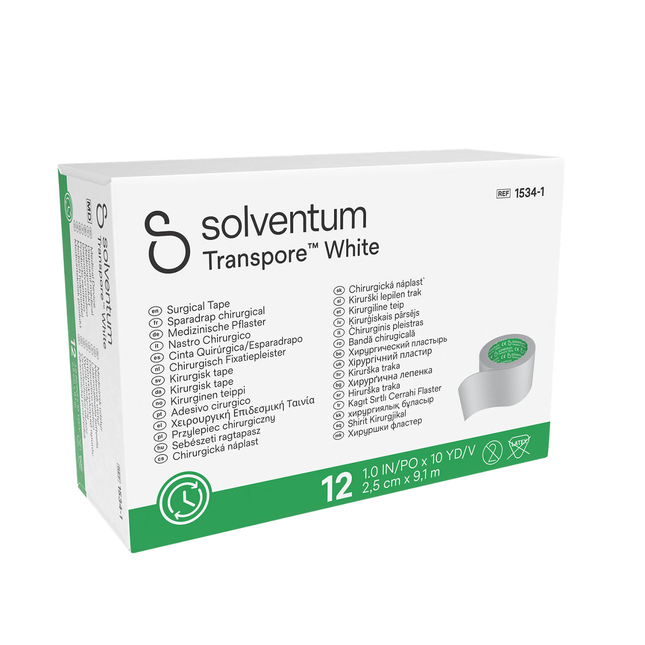 Solventum™ Transpore™ White Surgical Tape, 1534-1, 2,5 cm x 9,1 m (1 IN/PO x 10 YD/V), 12/CAR