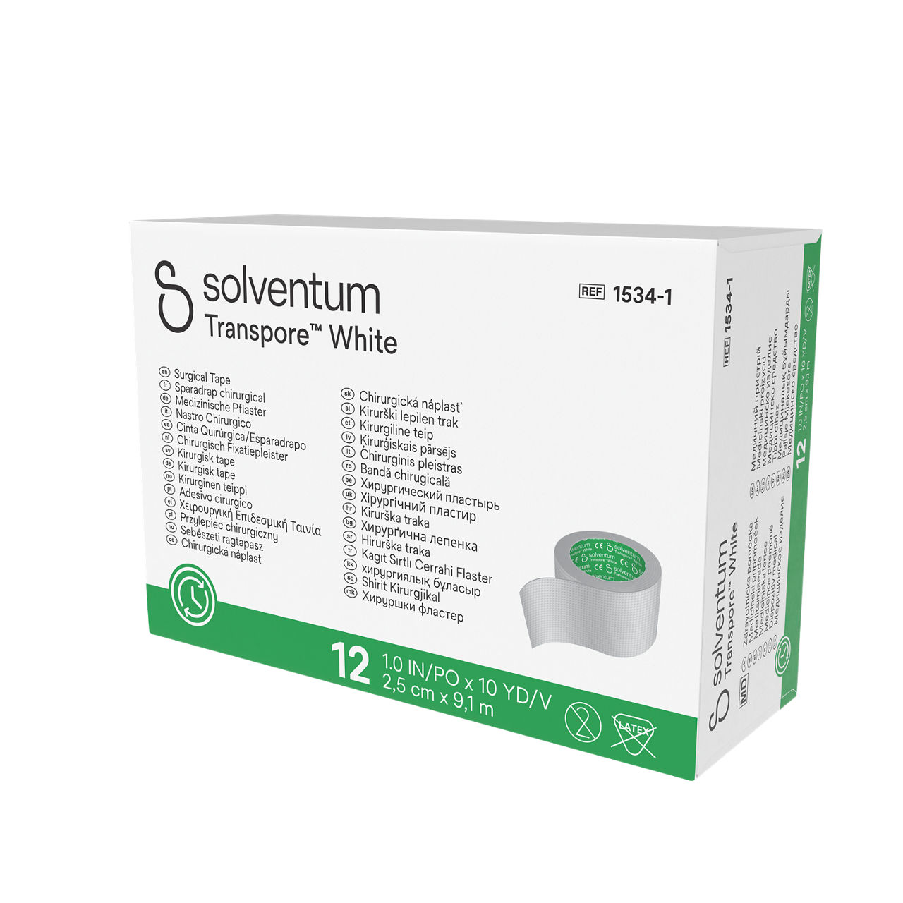 Solventum™ Transpore™ White Surgical Tape, 1534-1, 1 in x 10 yd (2.5 cm x 9.1 m), 12/CAR, 10 CAR/CS, 120/CS - Front, Right, In Packaging (1R1)