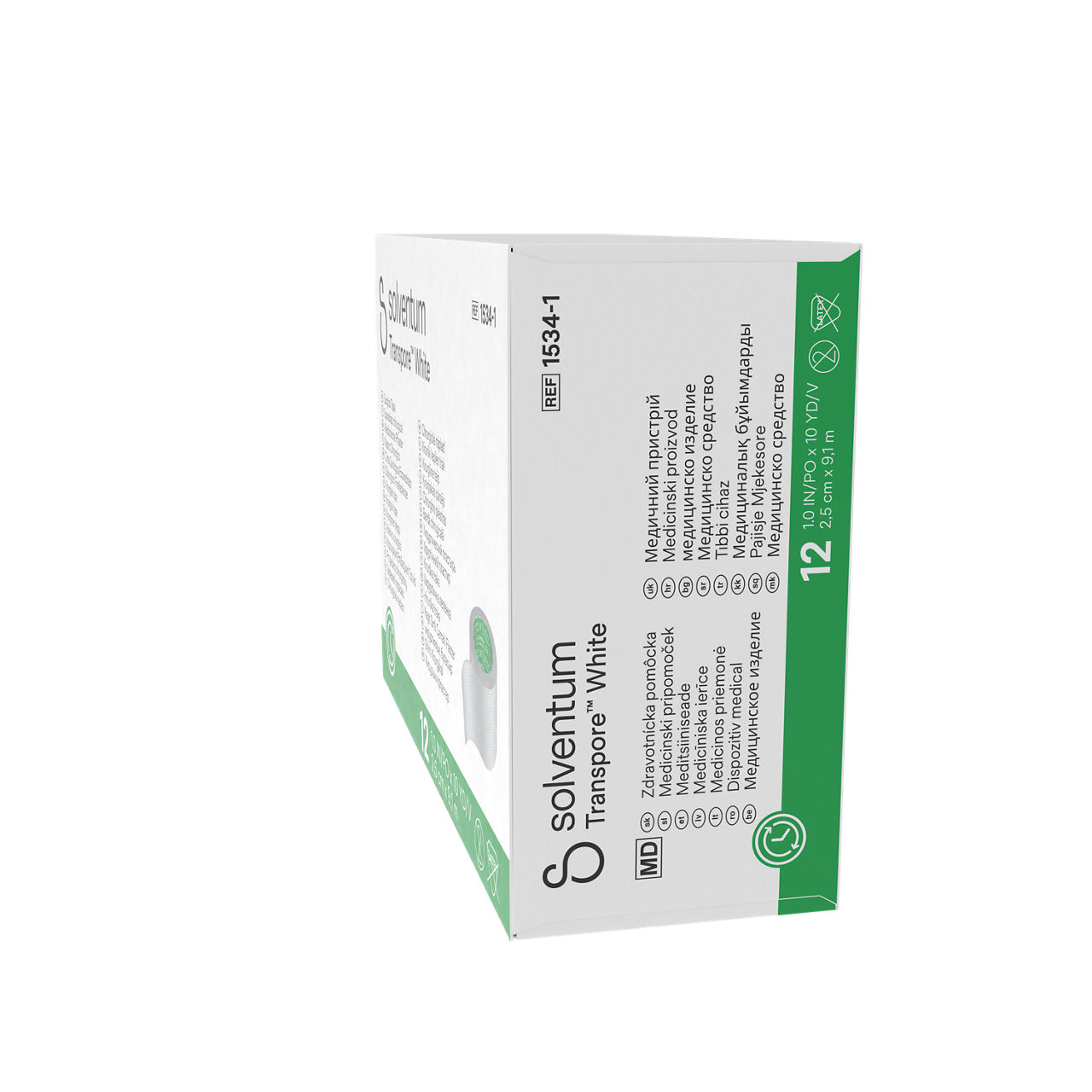 Solventum™ Transpore™ White Surgical Tape, 1534-1, 1 in x 10 yd (2.5 cm x 9.1 m), 12/CAR, 10 CAR/CS, 120/CS - Left, Center, In Packaging (2C1)