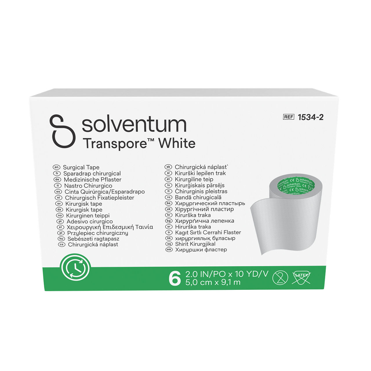 Solventum™ Transpore™ White Surgical Tape, 1534-2, 2 in x 10 yd (5 cm x 9.1 m), 6/CAR, 10 CAR/CS, 60/CS -  Front, Center, In Packaging (1C1)