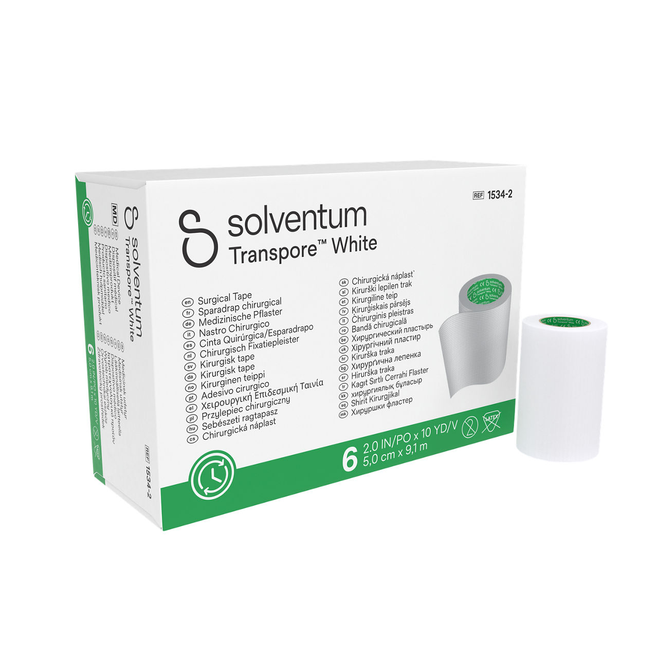 Solventum™ Transpore™ White Surgical Tape, 1534-2, 2 in x 10 yd (5 cm x 9.1 m), 6/CAR, 10 CAR/CS, 60/CS -  Front, Left, In and Out of Packaging (1L10)