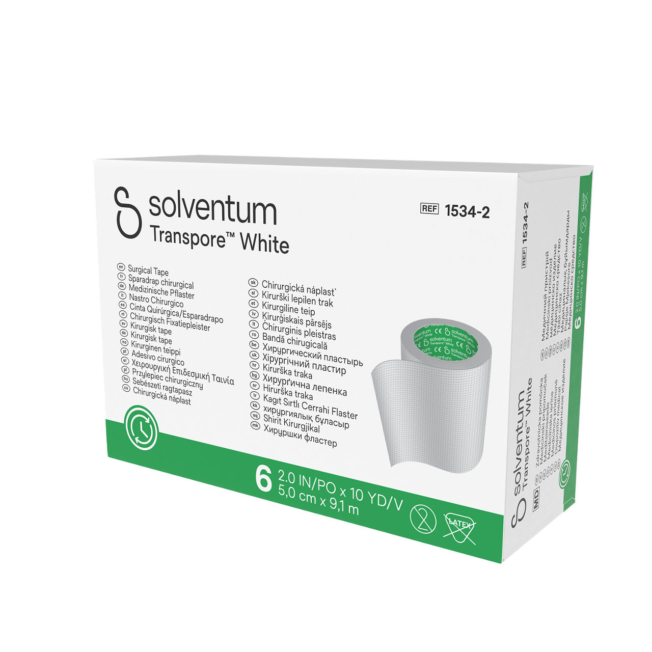 Solventum™ Transpore™ White Surgical Tape, 1534-2, 2 in x 10 yd (5 cm x 9.1 m), 6/CAR, 10 CAR/CS, 60/CS -  Front, Right, In Packaging (1R1)