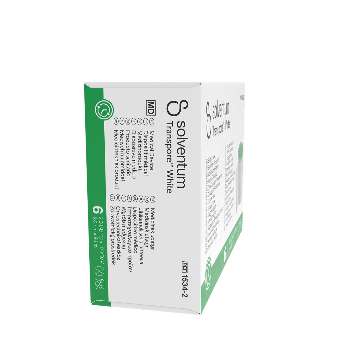 Solventum™ Transpore™ White Surgical Tape, 1534-2, 2 in x 10 yd (5 cm x 9.1 m), 6/CAR, 10 CAR/CS, 60/CS -  Right, Center, In Packaging (8C1)