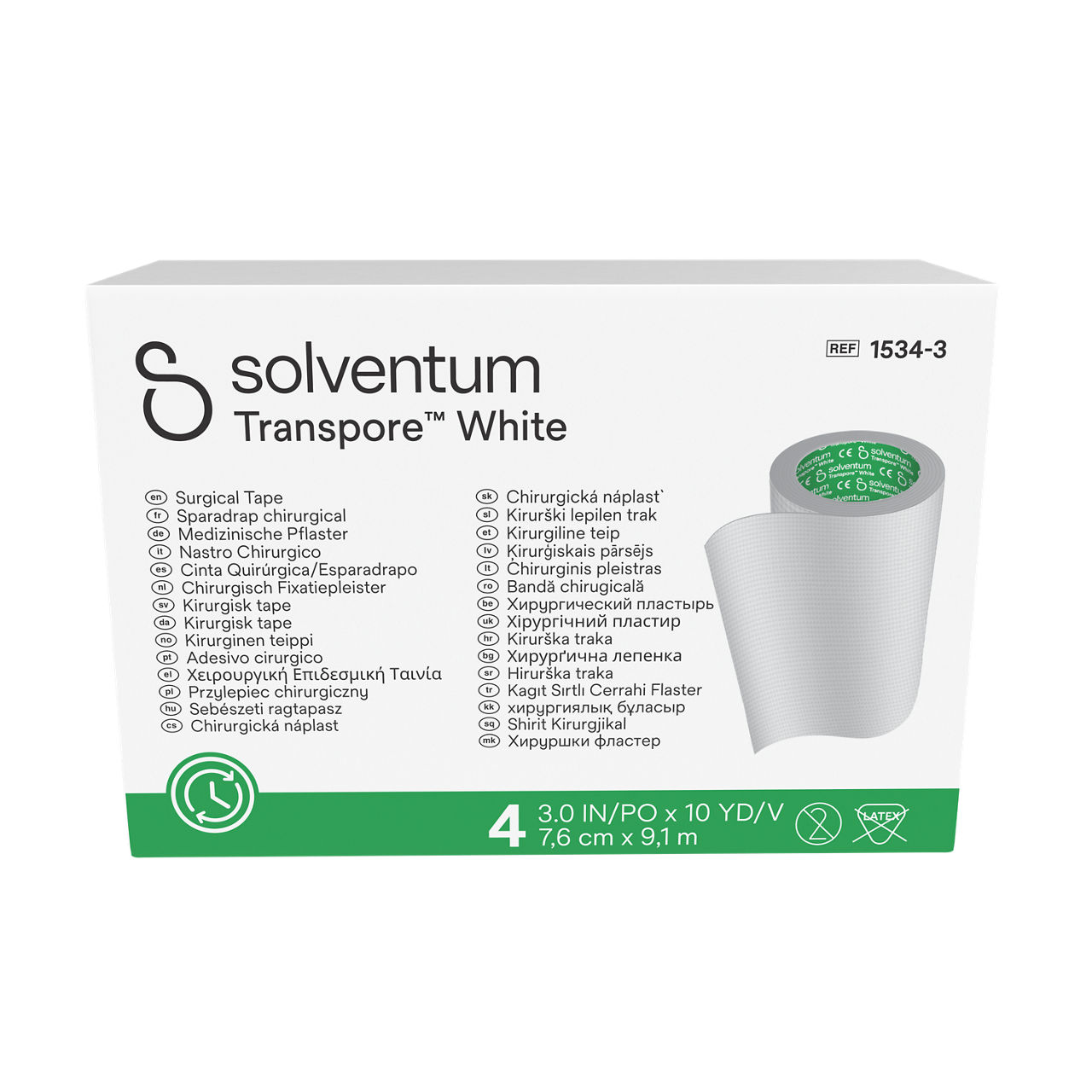 Solventum™ Transpore™ White Surgical Tape, 1534-3, 3 in x 10 yd (7.6 cm x 9.1 m), 4/CAR, 10 CAR/CS, 40/CS - Front, Center, In Packaging (1C1)