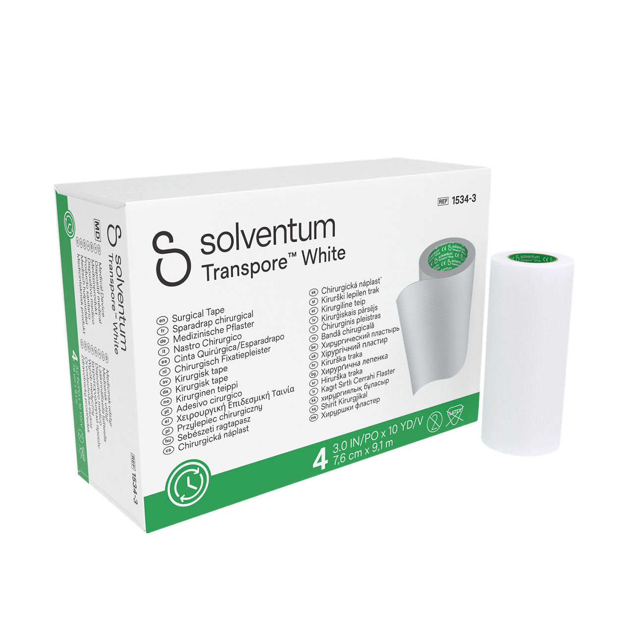 Solventum™ Transpore™ White Sparadrap chirurgical, 1534-3, 7,6 cm x 9,1 m (3 IN/PO x 10 YD/V), 4/CAR