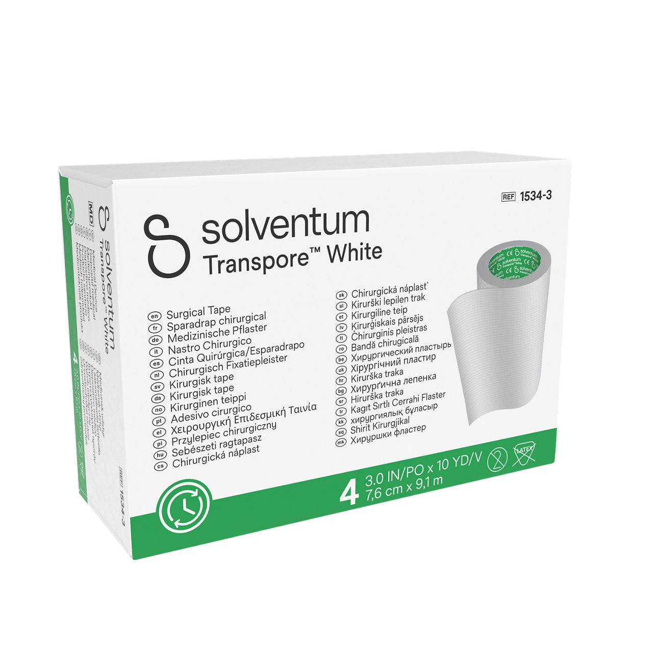 Solventum™ Transpore™ White Surgical Tape, 1534-3, 3 in x 10 yd (7.6 cm x 9.1 m), 4/CAR, 10 CAR/CS, 40/CS - Front, Left, In Packaging (1L1)