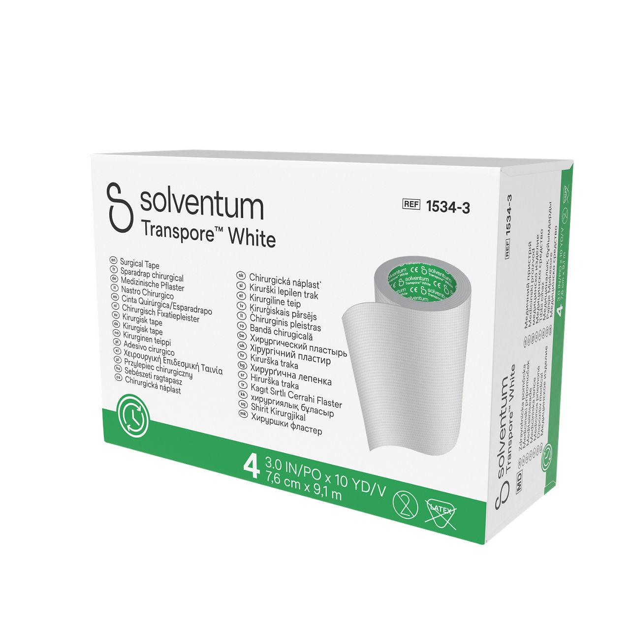 Solventum™ Transpore™ White Surgical Tape, 1534-3, 3 in x 10 yd (7.6 cm x 9.1 m), 4/CAR, 10 CAR/CS, 40/CS - Front, Right, In Packaging (1R1)