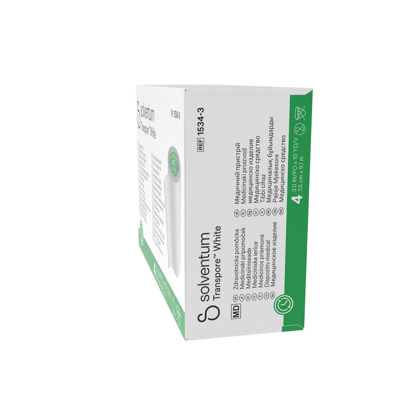 Solventum™ Transpore™ White Surgical Tape, 1534-3, 3 in x 10 yd (7.6 cm x 9.1 m), 4/CAR, 10 CAR/CS, 40/CS - Left, Center, In Packaging (2C1)