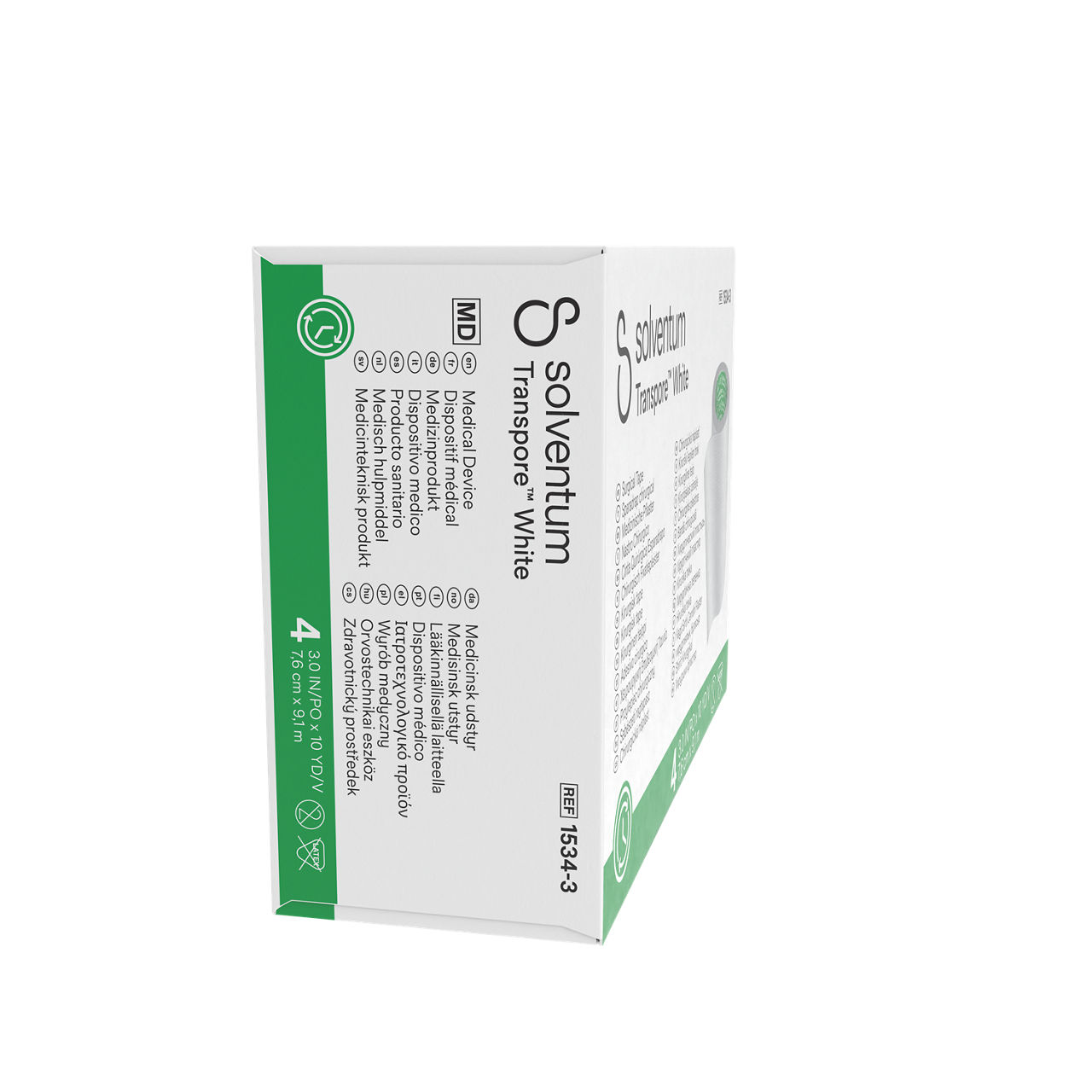 Solventum™ Transpore™ White Surgical Tape, 1534-3, 3 in x 10 yd (7.6 cm x 9.1 m), 4/CAR, 10 CAR/CS, 40/CS - Right, Center, In Packaging (8C1)