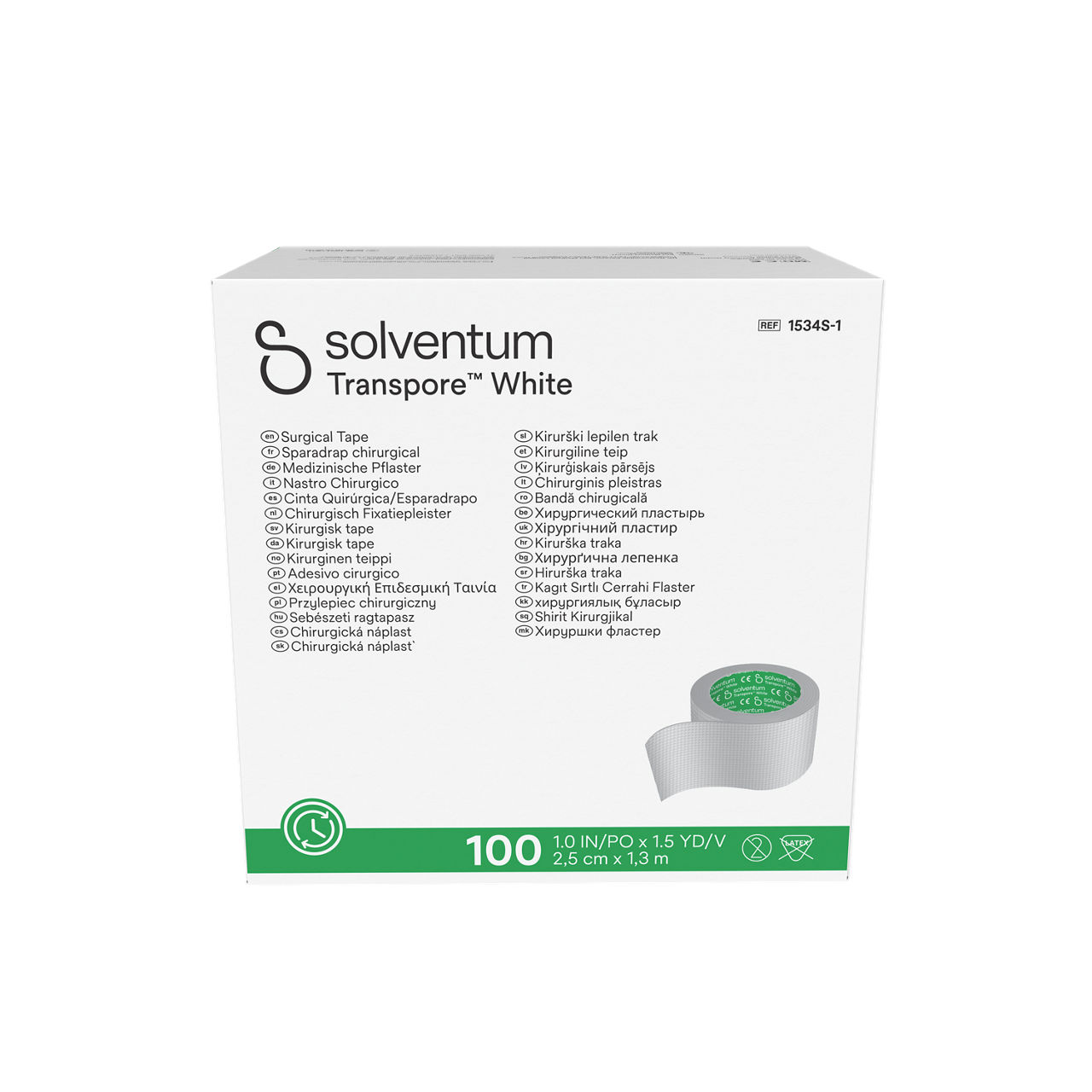 Solventum™ Transpore™ White Surgical Tape, 1534S-1, 1 in x 1.5 yd (2.5cm x 1.372 m), Single Use Roll, 100/CAR, 5 CAR/CS, 500/CS -  Front, Center, In Packaging (1C1)