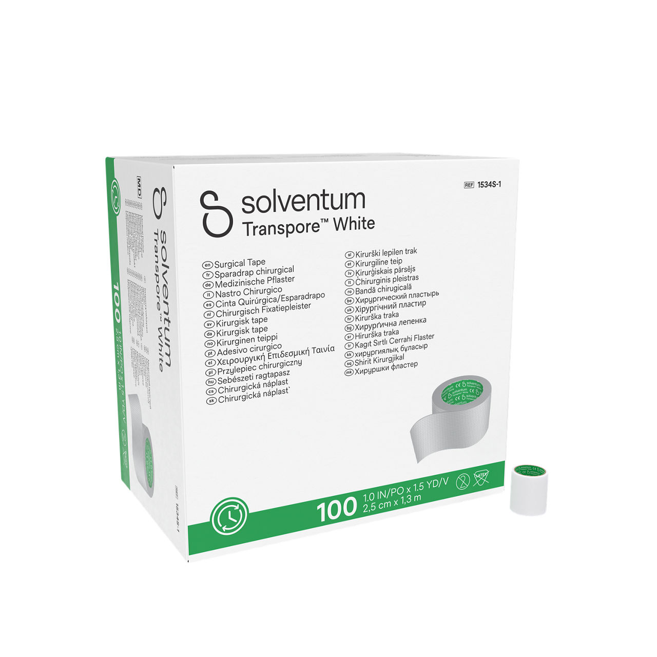 Solventum™ Transpore™ White Surgical Tape, 1534S-1, 1 in x 1.5 yd (2.5cm x 1.372 m), Single Use Roll, 100/CAR, 5 CAR/CS, 500/CS -  Front, Left, In and Out of Packaging (1L10)