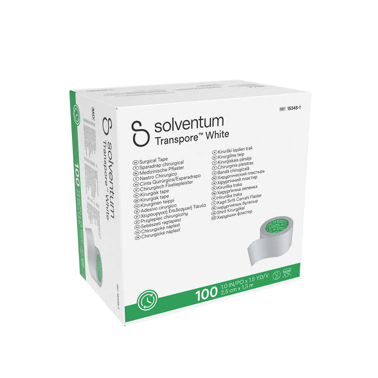 Solventum™ Transpore™ White Surgical Tape, 1534S-1, 2,5 cm x 1,3 m (1 IN/PO x 1.5 YD/V), 100/CAR