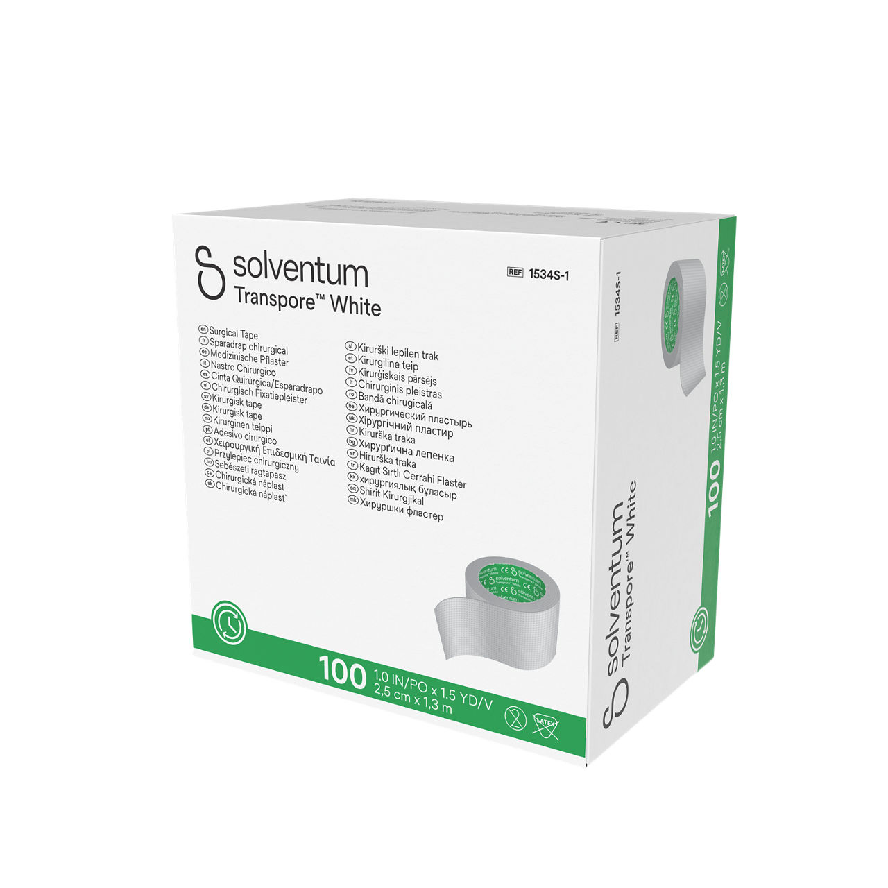 Solventum™ Transpore™ White Surgical Tape, 1534S-1, 1 in x 1.5 yd (2.5cm x 1.372 m), Single Use Roll, 100/CAR, 5 CAR/CS, 500/CS -  Front, Right, In Packaging (1R1)