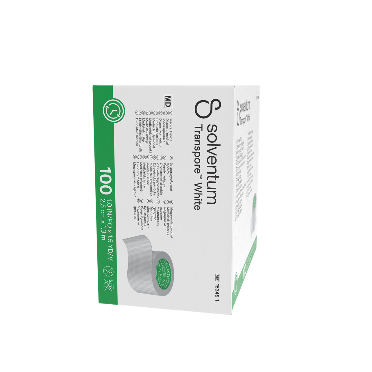 Solventum™ Transpore™ White Surgical Tape, 1534S-1, 1 in x 1.5 yd (2.5cm x 1.372 m), Single Use Roll, 100/CAR, 5 CAR/CS, 500/CS -  Right, Center, In Packaging (8C1)