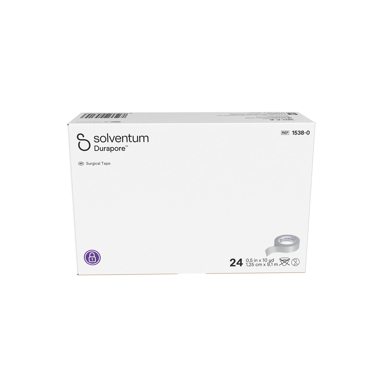 Solventum™ Durapore™ Surgical Tape, 1538-0, 0.5 in x 10 yd (1.25 cm x 9.1 m), 24/CAR - Front, Center, In Packaging (1C1)