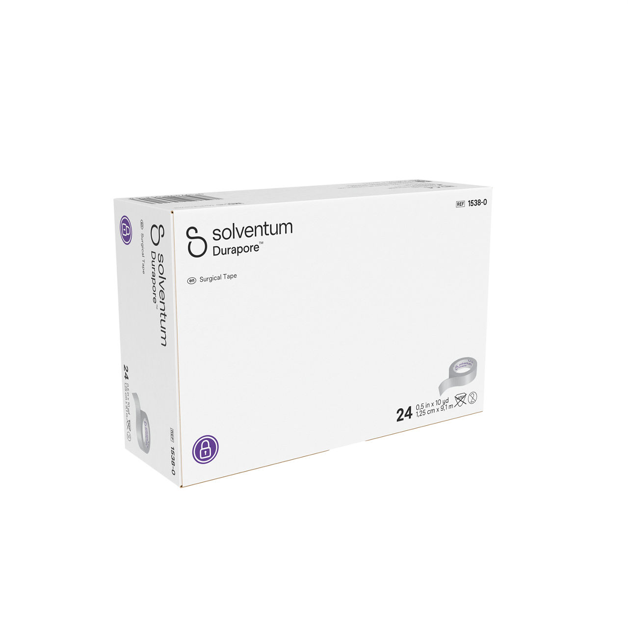 Solventum™ Durapore™ Surgical Tape, 1538-0, 0.5 in x 10 yd (1.25 cm x 9.1 m), 24/CAR - Front, Left, In Packaging (1L1)