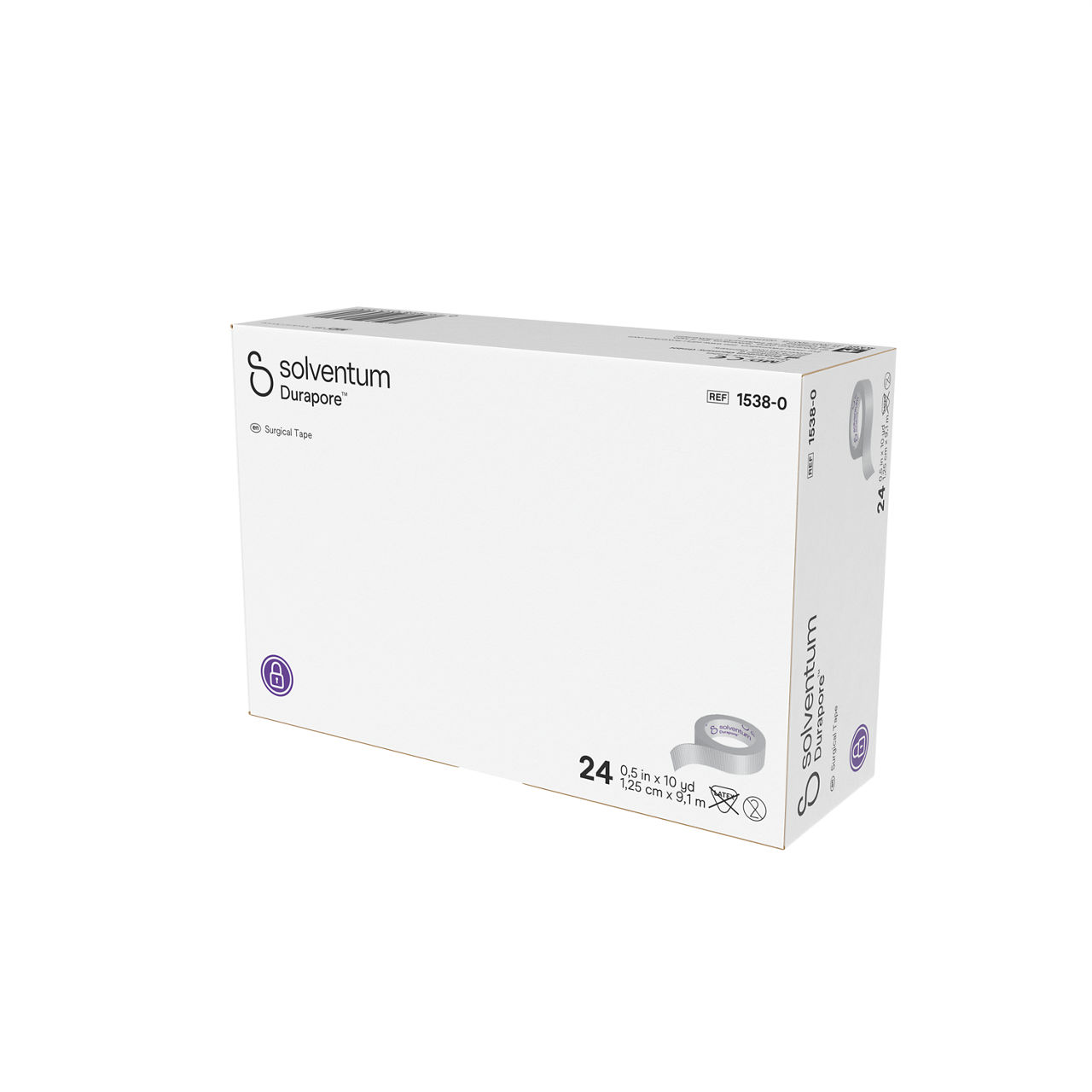 Solventum™ Durapore™ Surgical Tape, 1538-0, 0.5 in x 10 yd (1.25 cm x 9.1 m), 24/CAR - Front, Right, In Packaging (1R1)