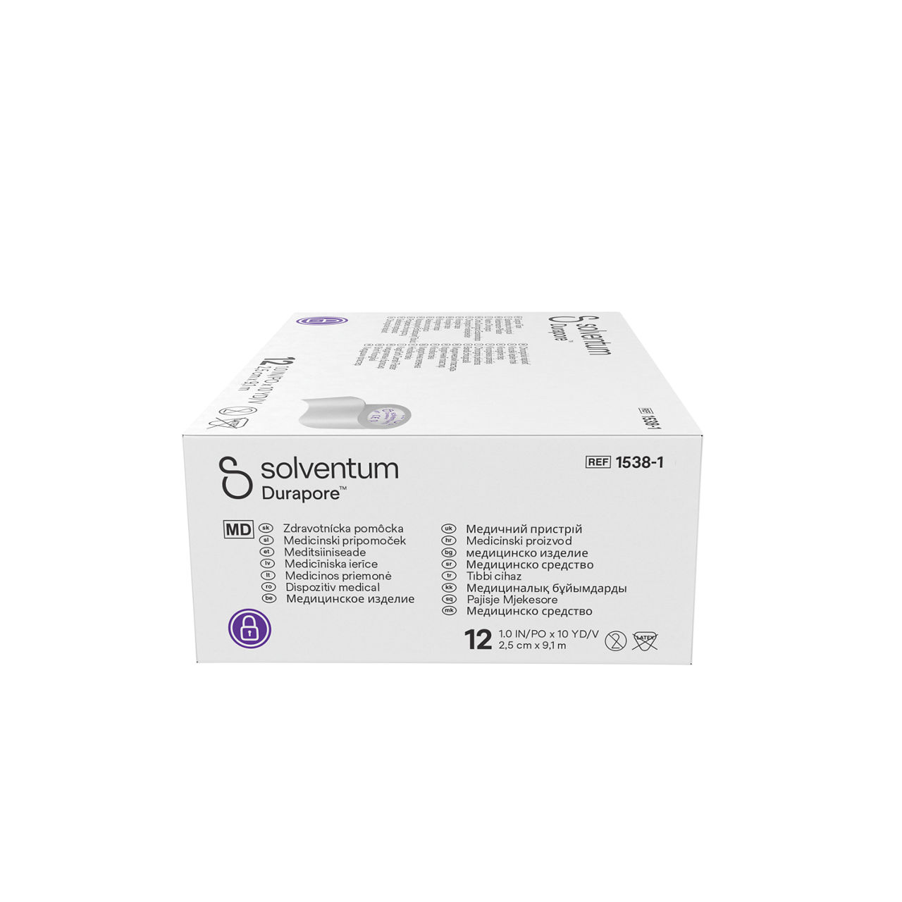Solventum™ Durapore™ Surgical Tape, 1538-1, 1 in x 10 yd (2.5 cm x 9.1m), 12/CAR - Left, Center, In Packaging (2C1)