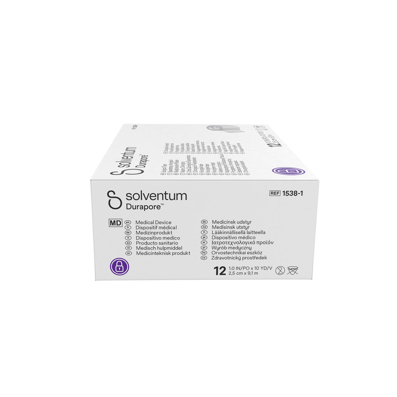 Solventum™ Durapore™ Surgical Tape, 1538-1, 1 in x 10 yd (2.5 cm x 9.1m), 12/CAR - Right, Center, In Packaging (8C1)