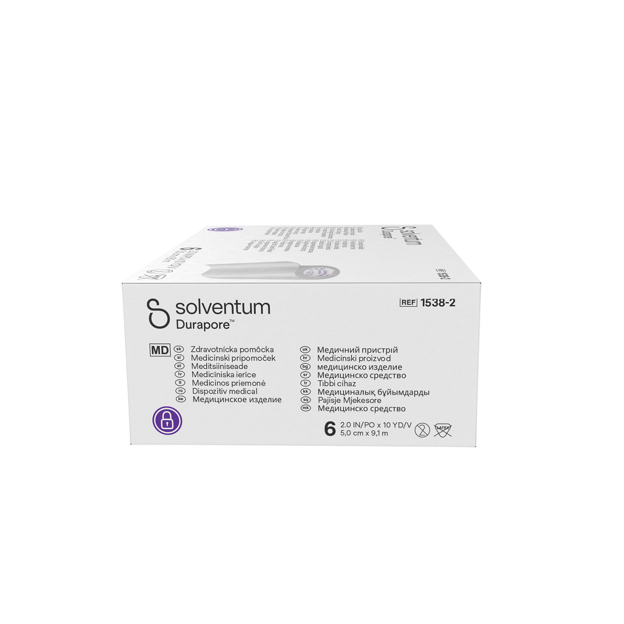 Solventum™ Durapore™ Surgical Tape, 1538-2, 2 in x 10 yd (5 cm x 9.1 m),6/CAR - Left, Center, In Packaging (2C1)