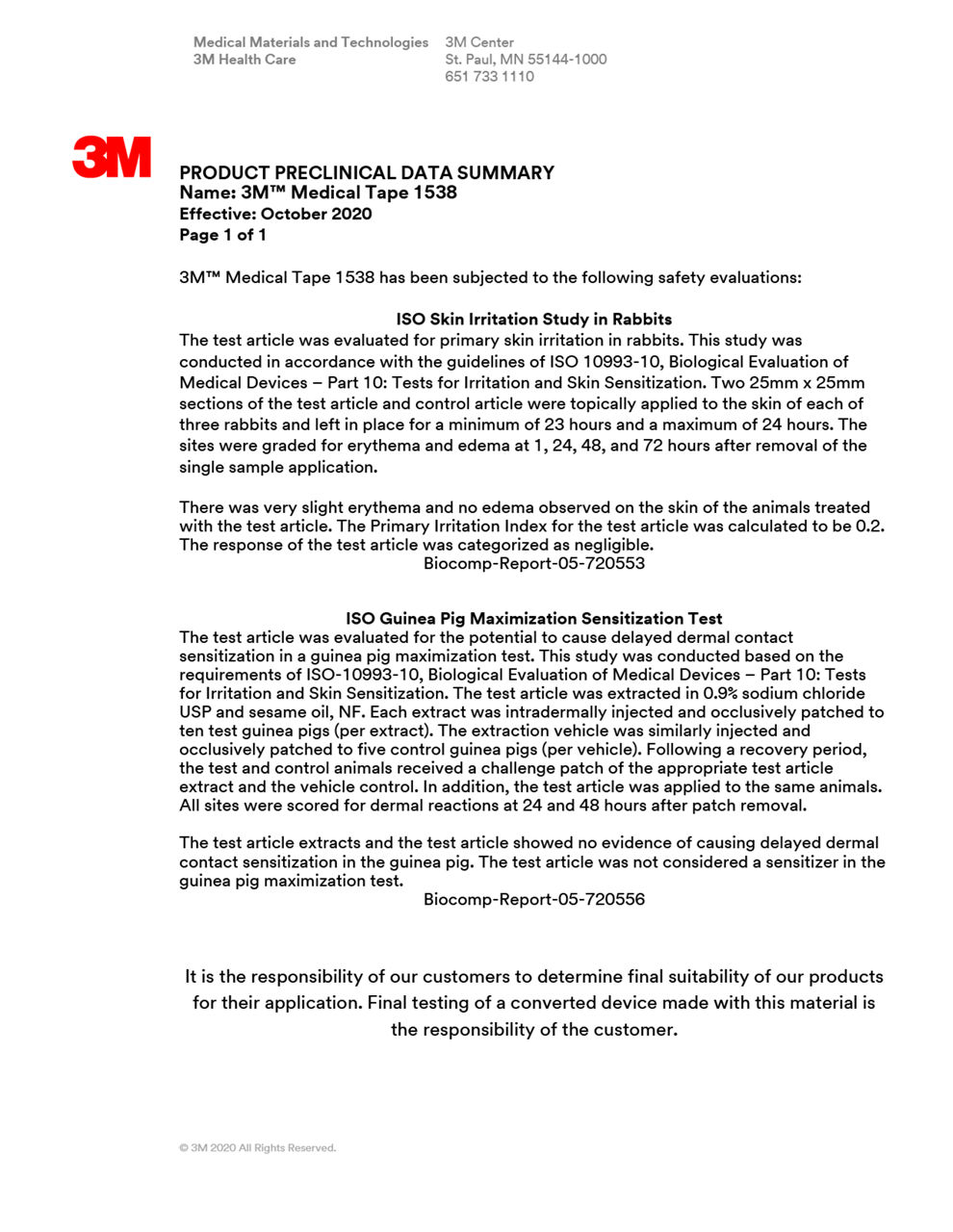 3M™ Medical Tape 1538, Biocompatibility Summary