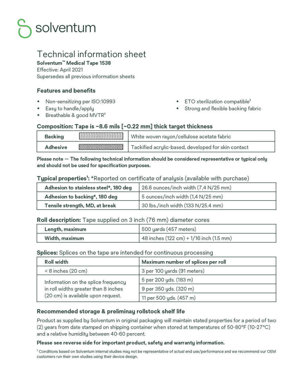 Solventum™ Medical Tape 1538 Technical Information Sheet