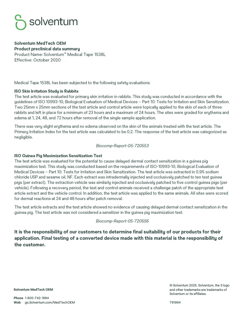 Solventum™ Medical Tape 1538L, Preclinical Data Summary