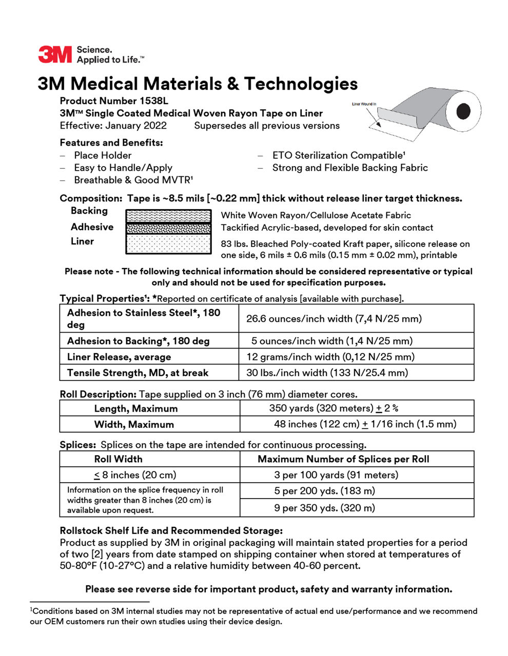 3M™ Medical Tape 1538L, Technical Information Sheet