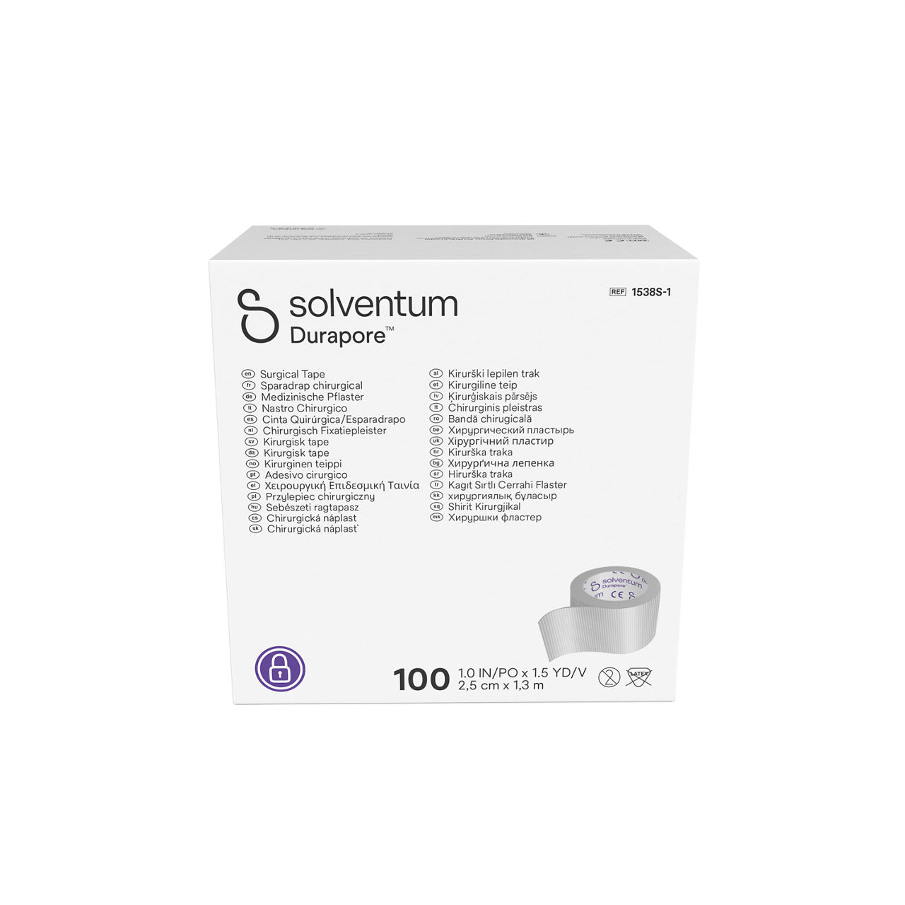 Solventum™ Durapore™ Kirurgisk tape, 1538S-1, 2,5 cm x 1,3 m (1 IN/PO x 1.5 YD/V), 100/CAR