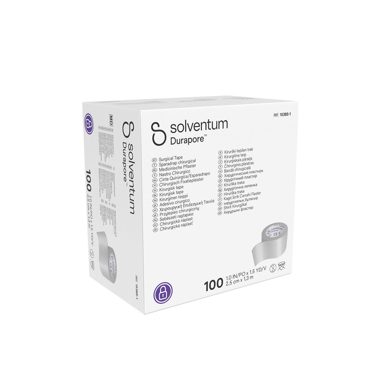 Solventum™ Durapore™ Surgical Tape, 1538S-1, 1 in x 1.5 yd (2.5 cm x 1.37 m), Single Use, 100/CAR, 5 CAR/CS, 500/CS - Front, Left, In Packaging (1L1)