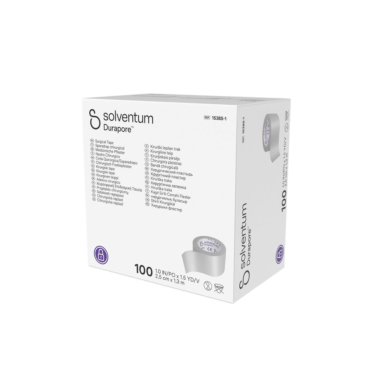 Solventum™ Durapore™ Surgical Tape, 1538S-1, 1 in x 1.5 yd (2.5 cm x 1.37 m), Single Use, 100/CAR, 5 CAR/CS, 500/CS - Front, Right, In Packaging (1R1)