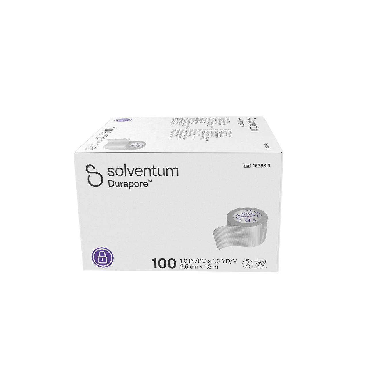Solventum™ Durapore™ Surgical Tape, 1538S-1, 1 in x 1.5 yd (2.5 cm x 1.37 m), Single Use, 100/CAR, 5 CAR/CS, 500/CS - Left, Center, In Packaging (2C1)