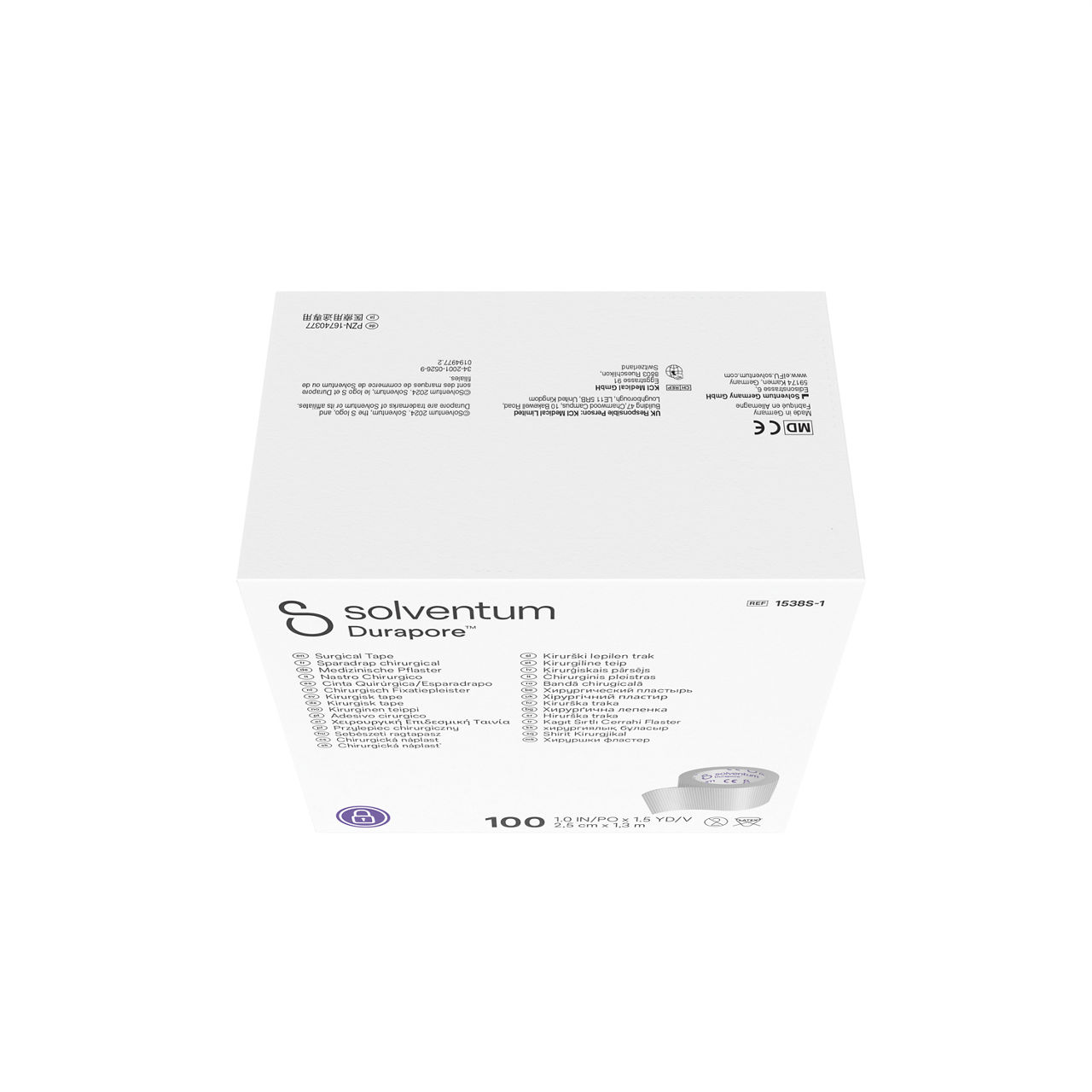 Solventum™ Durapore™ Surgical Tape, 1538S-1, 1 in x 1.5 yd (2.5 cm x 1.37 m), Single Use, 100/CAR, 5 CAR/CS, 500/CS - Top, Center, In Packaging (3C1)