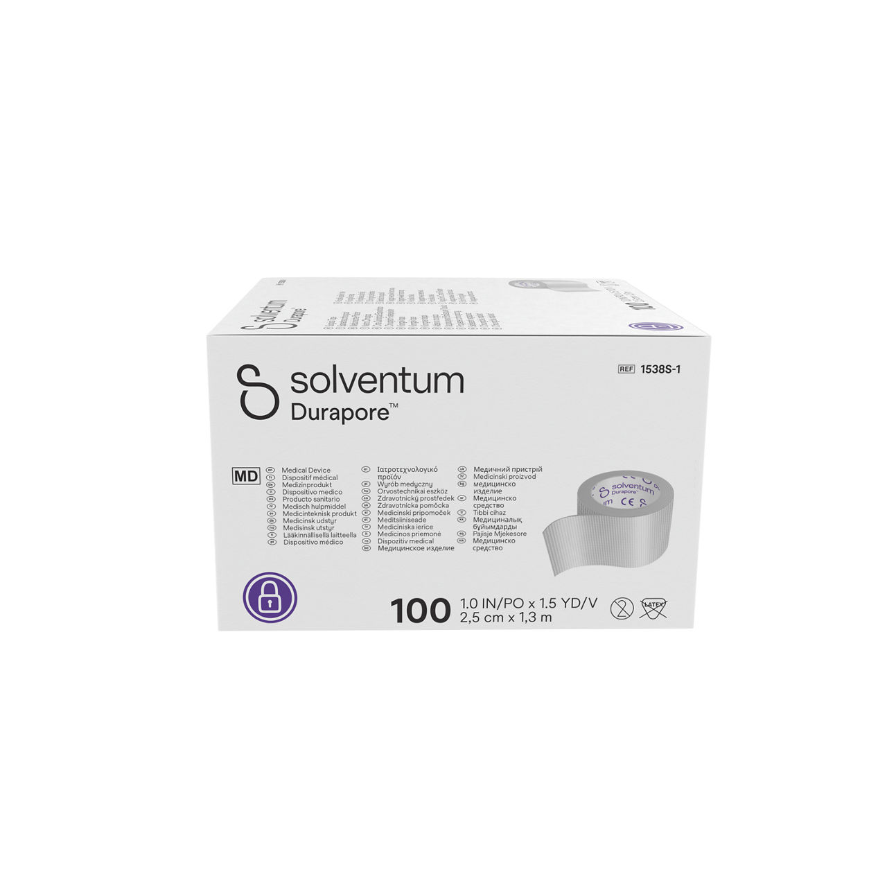 Solventum™ Durapore™ Surgical Tape, 1538S-1, 1 in x 1.5 yd (2.5 cm x 1.37 m), Single Use, 100/CAR, 5 CAR/CS, 500/CS - Right, Center, In Packaging (8C1)