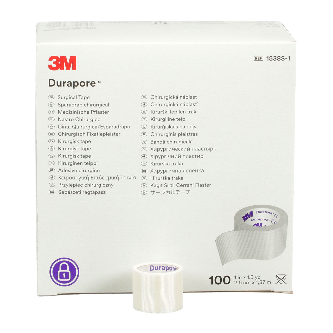 Sparadrap Tissé Hypoallergénique 3M™ Durapore™, 1538S-1, 25 mm x 1,37 m