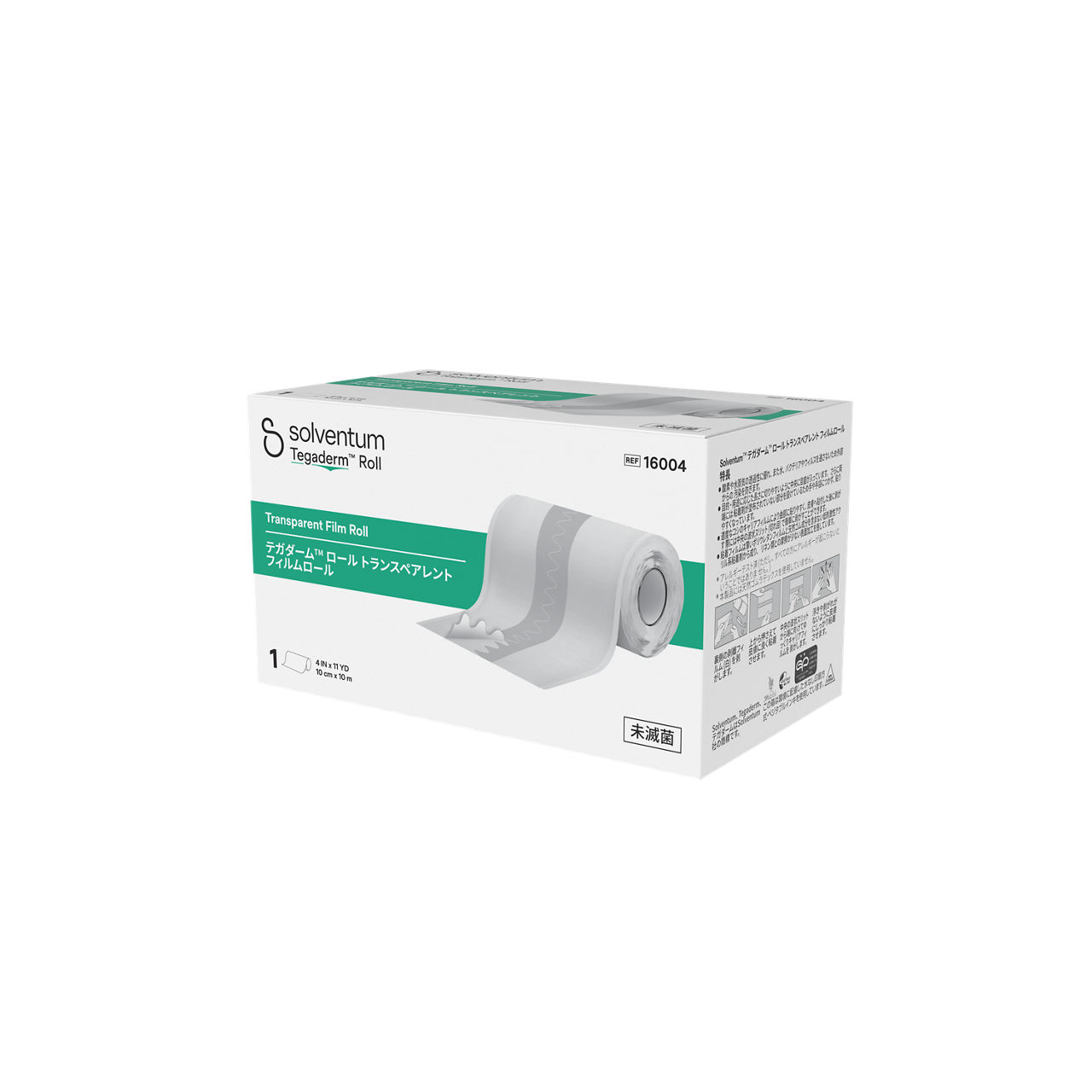 Solventum™ Tegaderm™ Roll Transparent Film Roll, 16004, 10 cm x 10 m, 1/CAR, 4 CAR/CS, 4/CS - Front, Right, In Packaging (1R1)